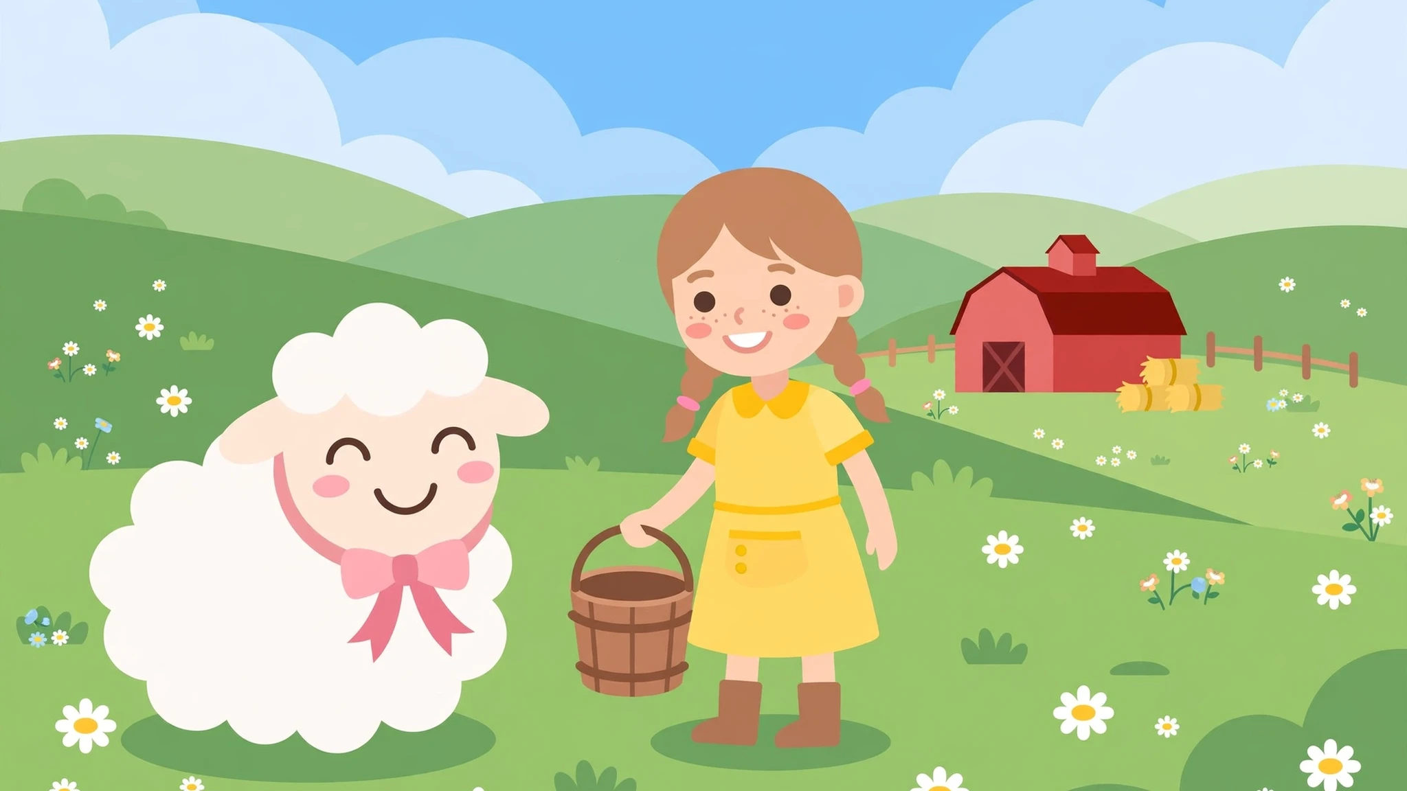 A smiling fluffy sheep with a pink bow stands beside a farmer girl in a yellow dress holding a wooden bucket, in a bright green pasture with a red barn, rolling hills, and daisies under a blue sky.