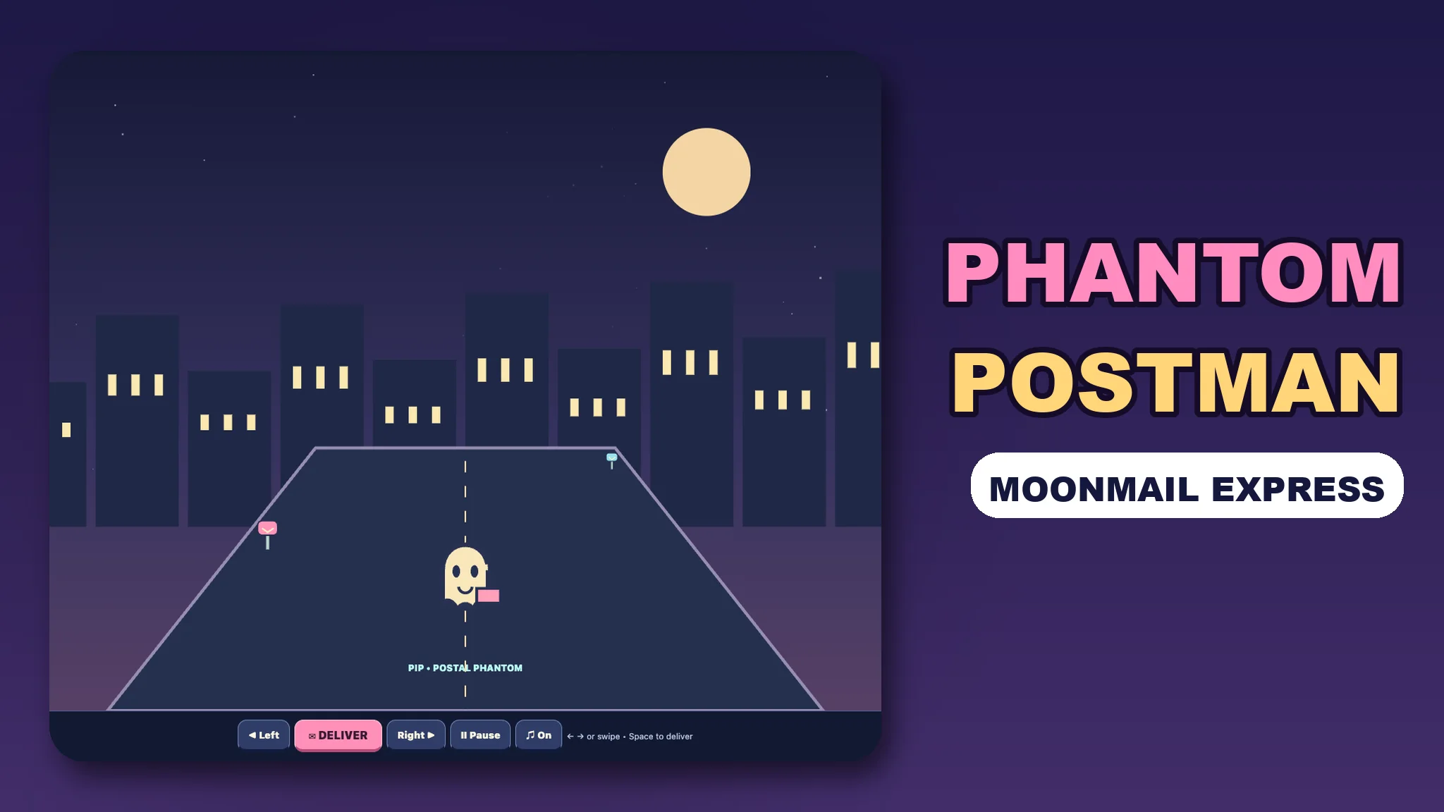 Phantom Postman, Moonmail Express: Pip the little ghost postman flying over moonlit rooftops to a glowing mailbox