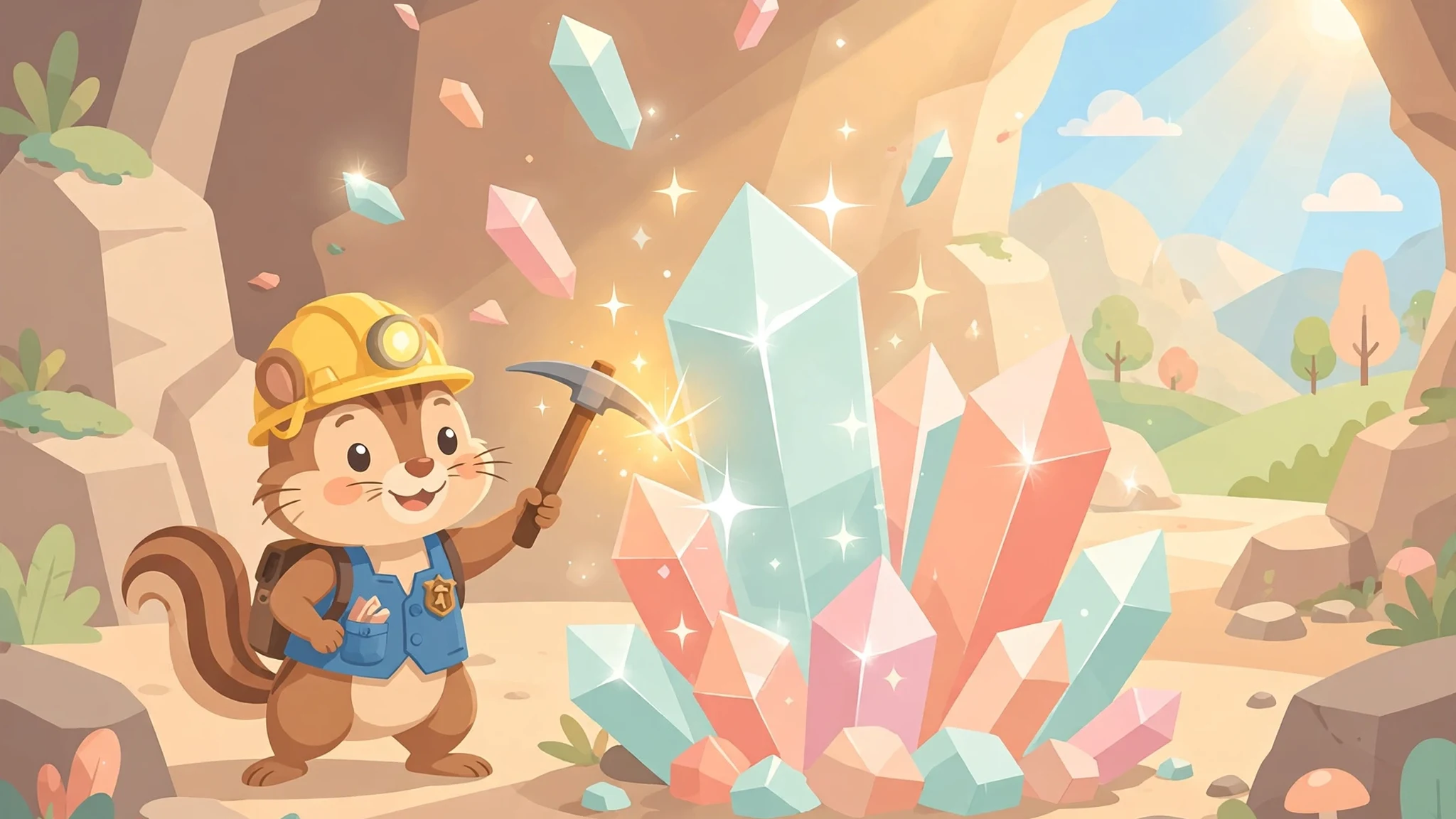 Pip the chipmunk miner in a yellow hard hat and blue vest taps a tall cluster of sparkling mint, pink, and peach crystals with a small pickaxe in a sunny cave entrance.