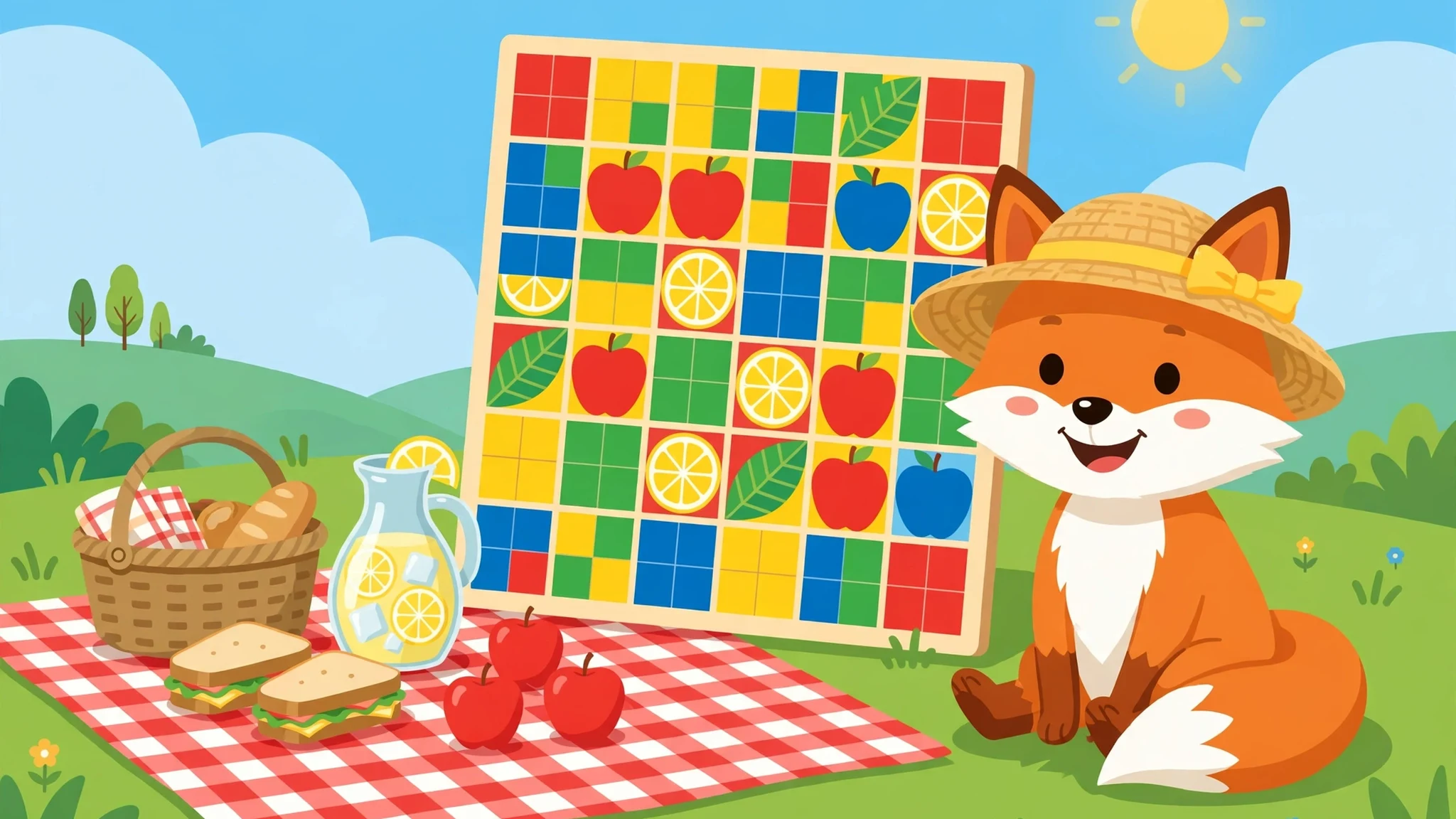 A smiling orange fox in a straw sun hat beside a large picnic mosaic board, with a wicker basket, sandwiches, lemonade jug and apples on a red-and-white checkered blanket