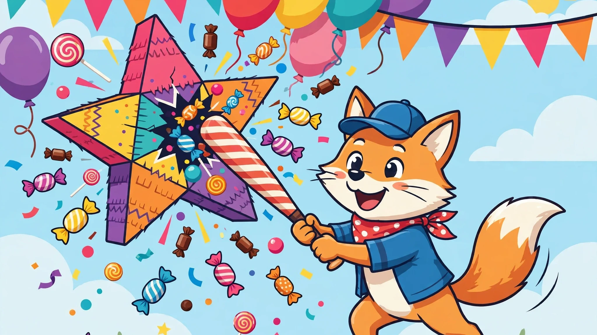 A smiling orange fox mascot in a blue cap swinging a striped bat at a large multicoloured star pinata bursting with candy, balloons and bunting under a sunny sky.