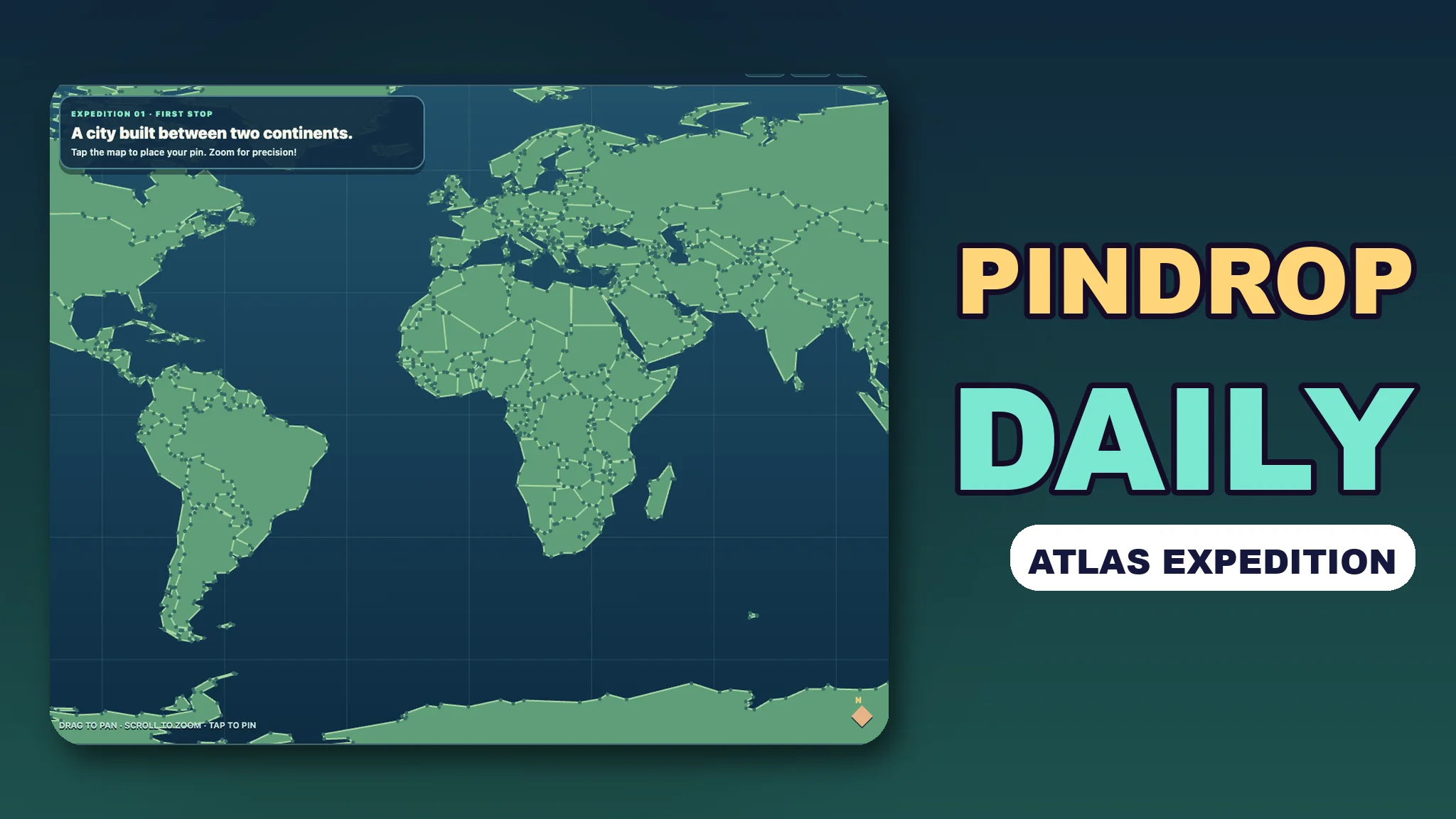 PinDrop Daily, Atlas Expedition: an interactive world map with a destination clue card