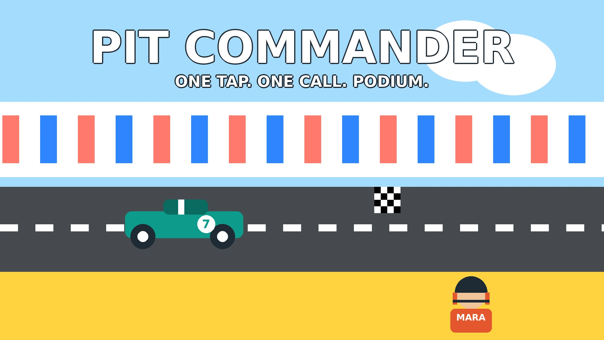 Pit Commander cover art: a teal number 7 race car on a grey track beside a checkered flag, with pit-wall chief Mara in a headset on a yellow pit wall under the title PIT COMMANDER
