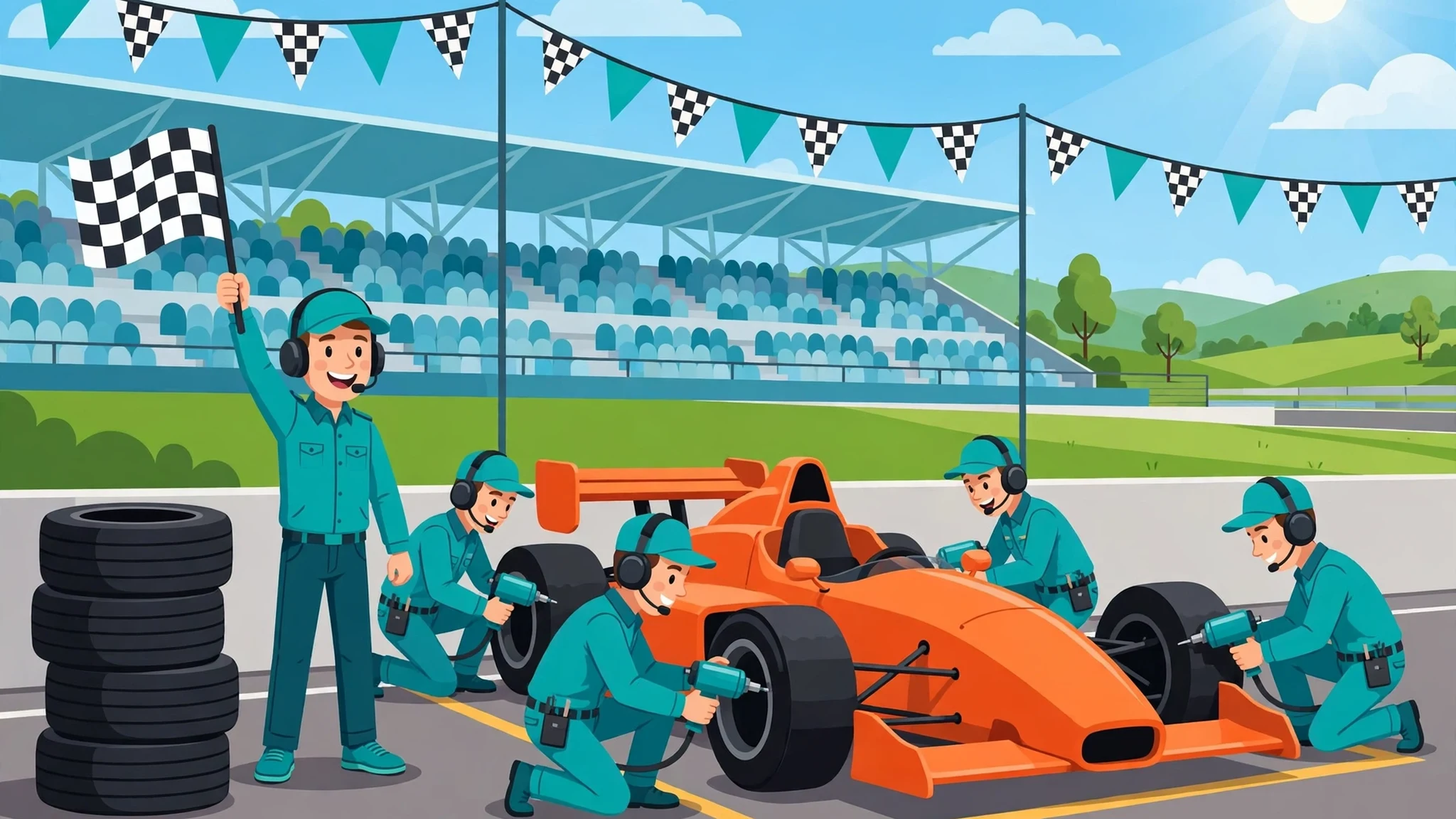 A smiling pit crew chief in a teal uniform and headset waves a checkered flag while four crew members in matching teal uniforms change the tires on a bright orange open-wheel race car in a sunny pit lane, with a stack of fresh tires, checkered bunting, and a grandstand behind them