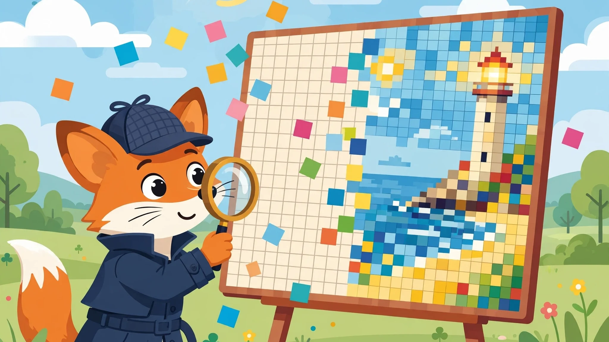 Flat vector art of Pip the fox detective with a magnifying glass beside a large pixel mosaic board revealing a sunny lighthouse beach scene, with colorful pixel squares floating around.