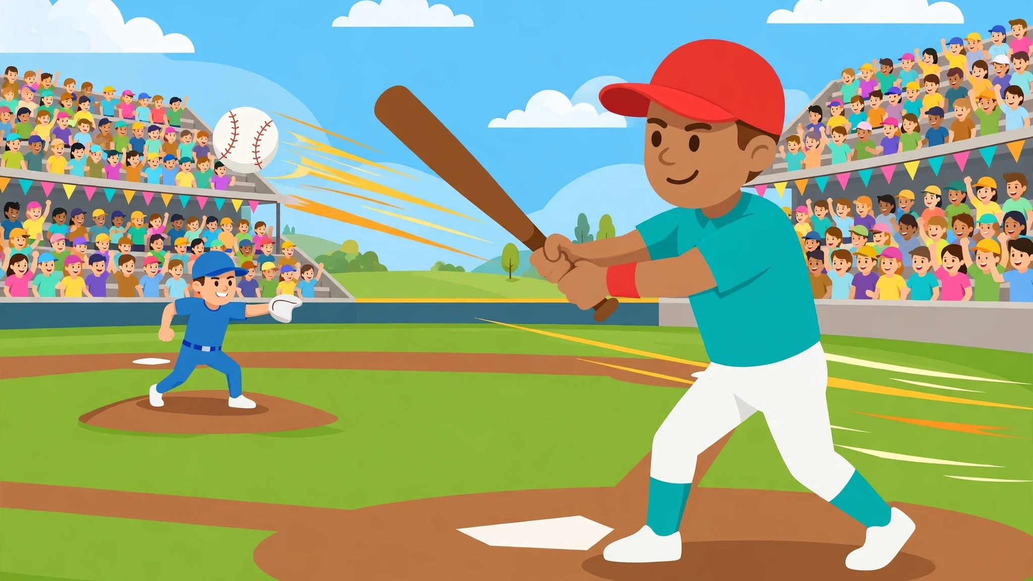 A smiling cartoon batter in a red cap and teal jersey mid-swing at home plate in a sunny stadium, a baseball flying off toward the stands, with a pitcher in blue on the mound and a colorful crowd behind him