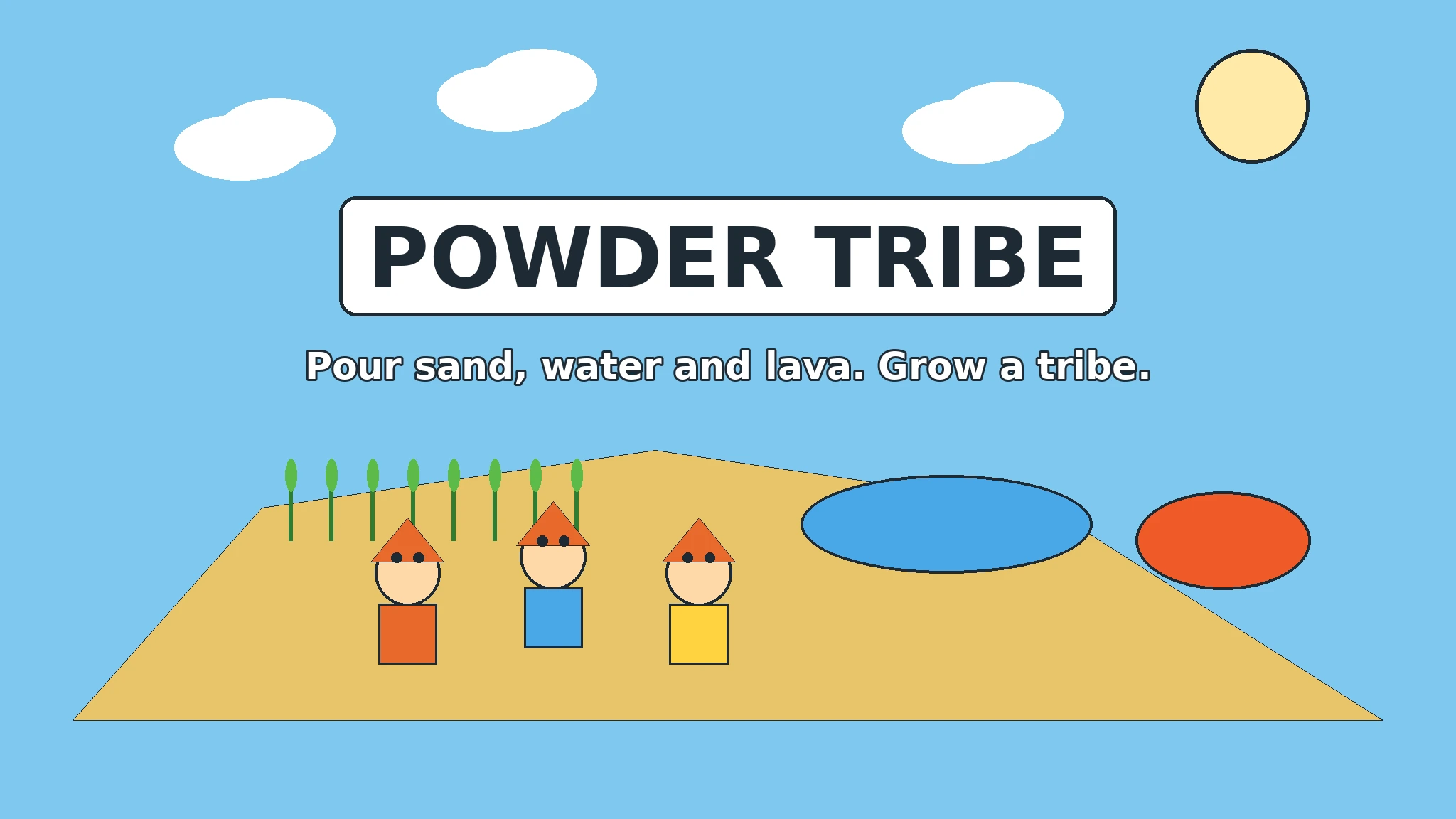 Three flat-vector tribe villagers in orange hats standing on a golden sand island with green crops, a blue water pool, and an orange lava pool under a bright blue sky, with the title POWDER TRIBE in a white banner