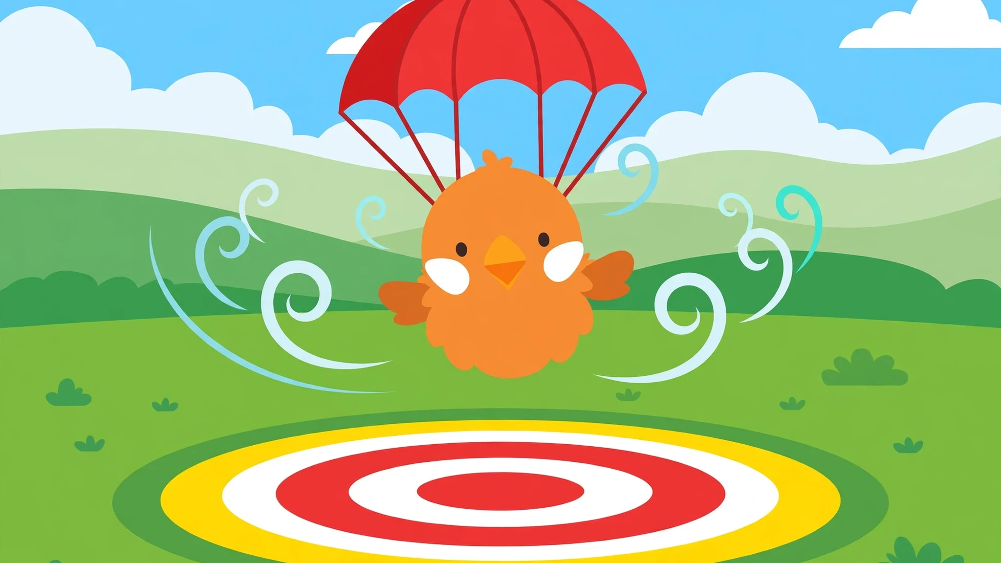 Round orange puffin-like bird under a red parachute drifting down toward a red, white, and yellow bullseye landing pad on bright green grass, with swirling wind lines and fluffy clouds