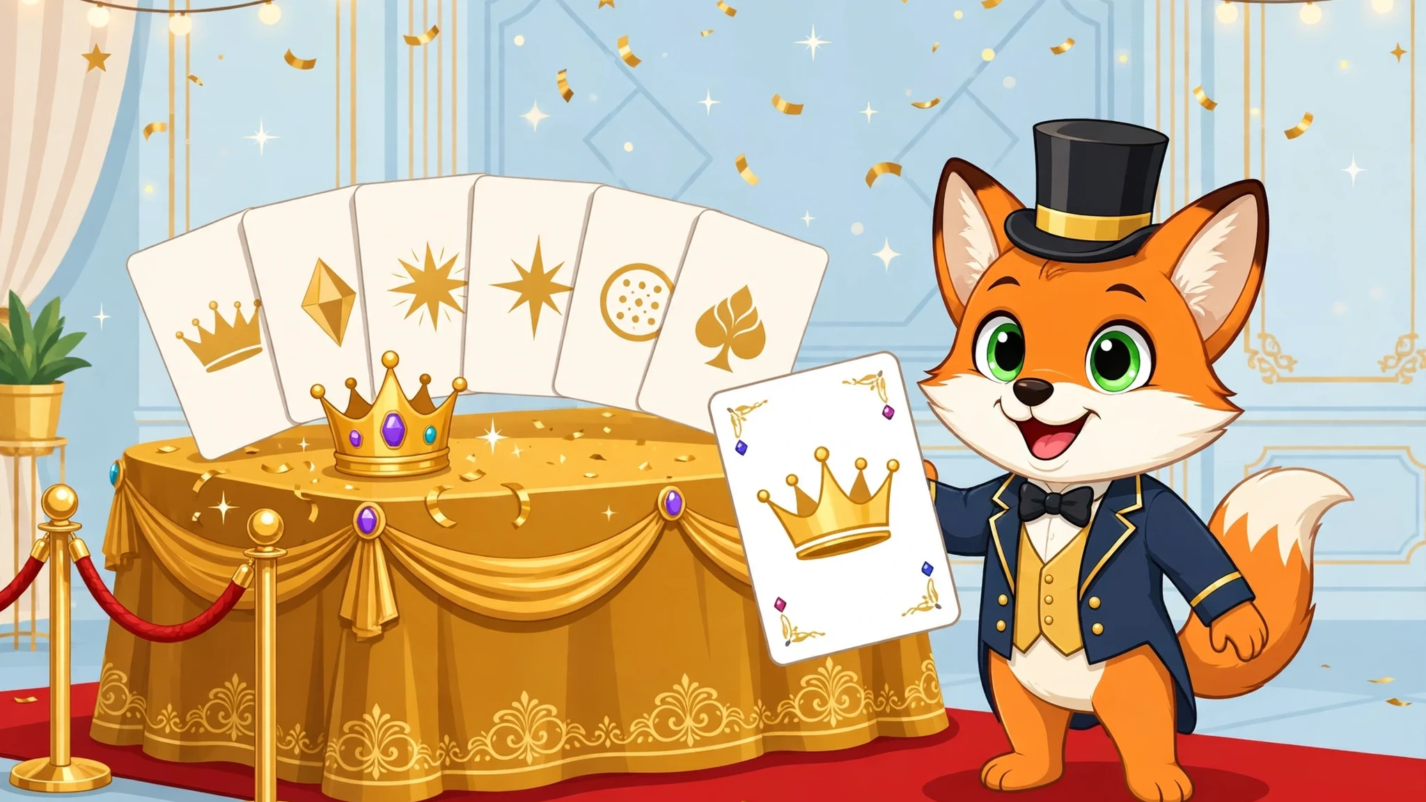 A cheerful fox butler in a top hat and gold-trimmed suit holds a crown playing card beside a gold-draped table with fanned oversized cards, a gold crown, red carpet and velvet ropes in a pale blue ballroom with gold confetti.