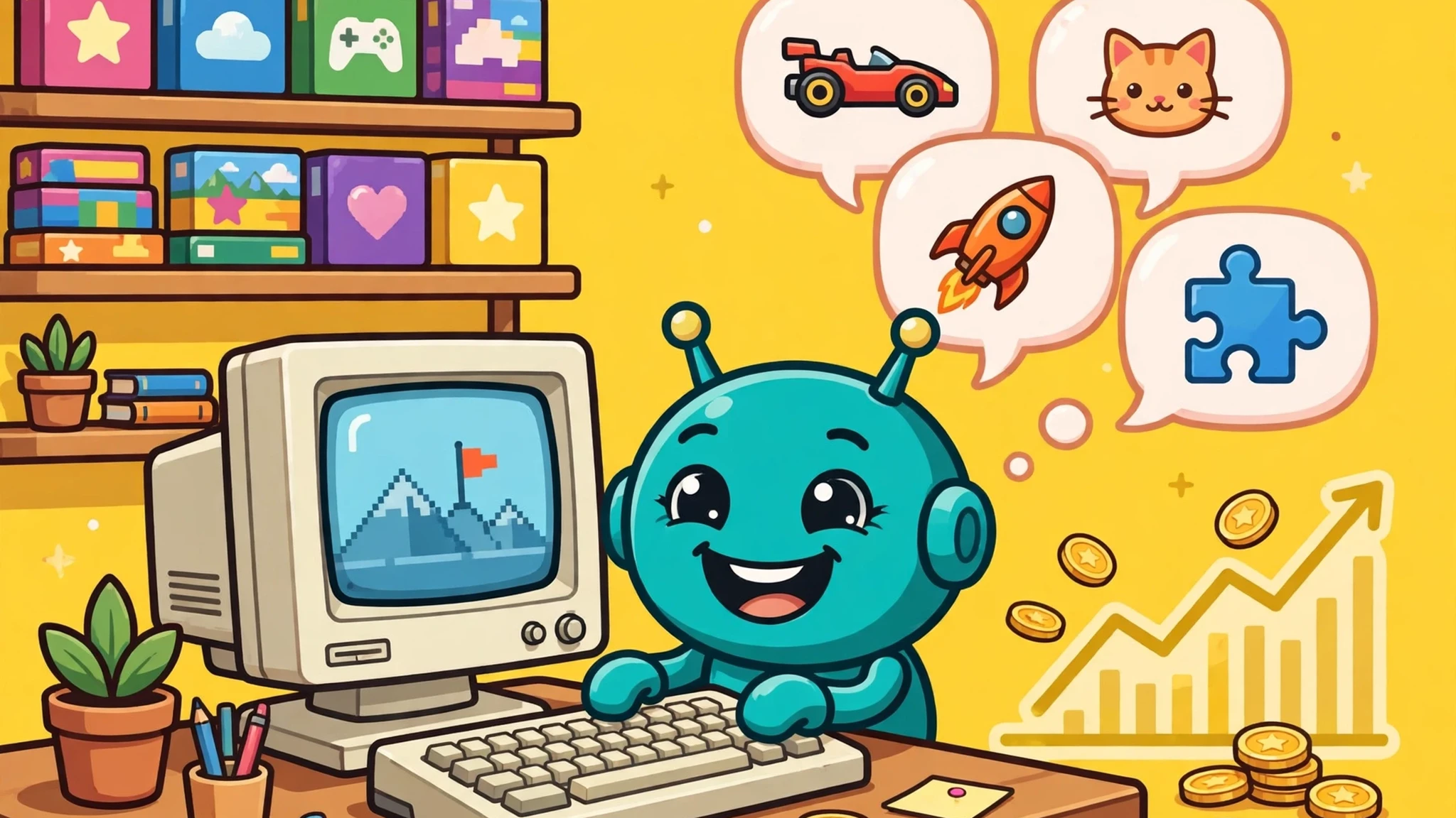 Teal robot mascot Pip grinning at a retro computer in a sunny tiny game studio, speech bubbles above showing a race car, a cat, a rocket and a puzzle piece, with gold coins and a rising chart beside shelves of colorful game boxes.