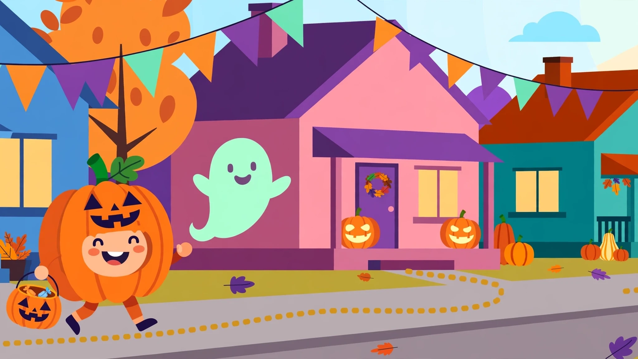 A smiling kid in an orange pumpkin costume carrying a jack-o-lantern treat bucket walks a dotted route past colorful blue, pink, and teal houses with glowing jack-o-lanterns on their porches, while a friendly mint-green ghost floats nearby under purple, orange, and mint bunting and autumn trees.