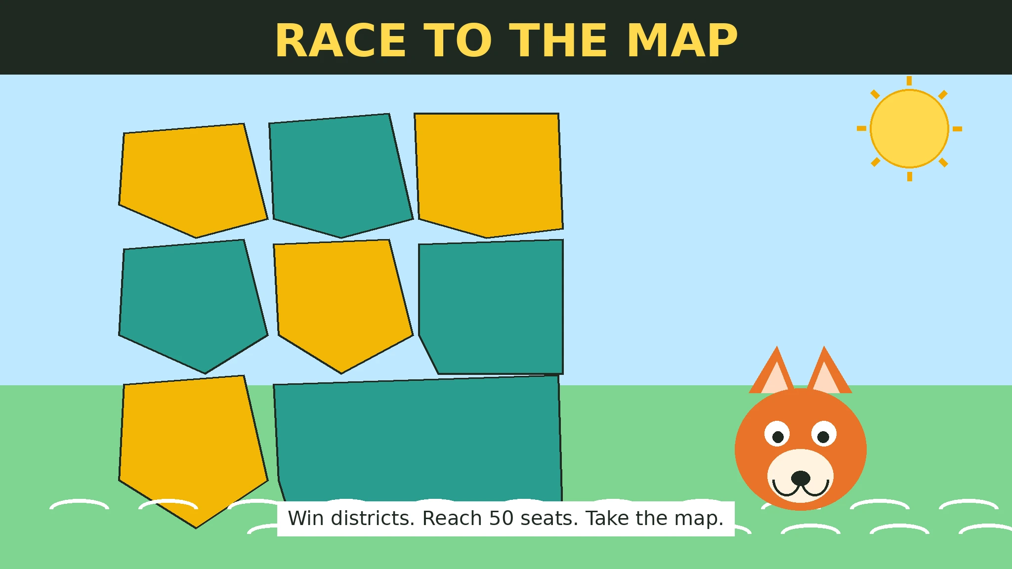 Bright flat-vector cover art for Race to the Map: a dark title banner reading RACE TO THE MAP, gold and teal district polygons forming a map under a yellow sun, and a smiling orange fox head beside the tagline Win districts. Reach 50 seats. Take the map.