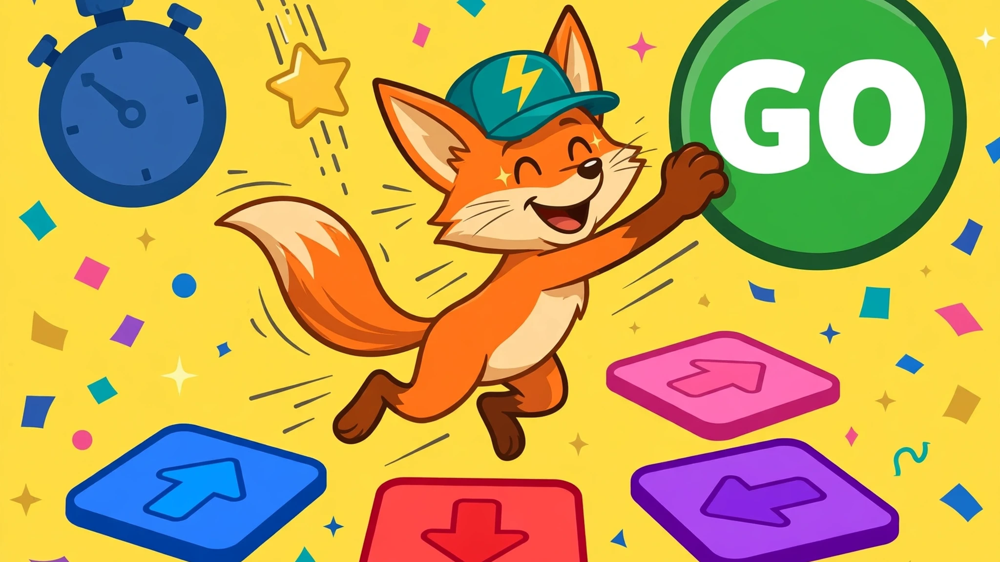 Flat vector illustration of a cheerful orange fox in a teal lightning-bolt cap tapping a big green GO button, with a blue stopwatch, a falling golden star, and colored arrow pads on a sunny yellow background