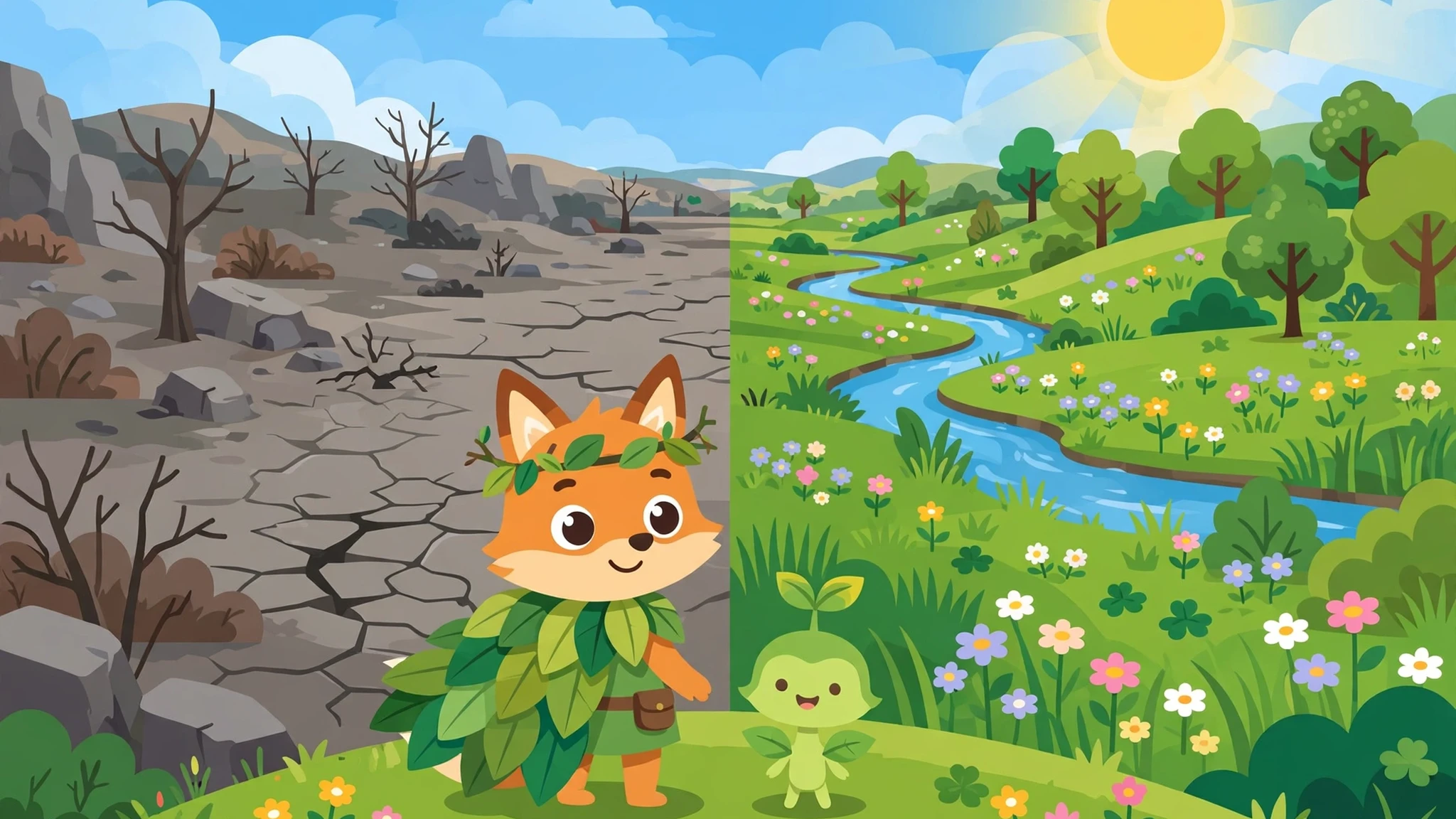 Reclaim the Valley cover art showing Fern the orange fox in a leaf cape and Pip the green sprout standing between cracked grey dead land on the left and a lush green valley with a blue river, trees and flowers on the right under a bright sun