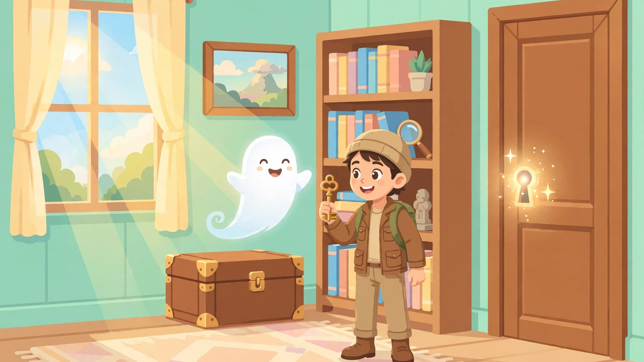 A bright flat-vector sunny room with mint walls: a smiling white ghost floats beside a young investigator in a cap holding up a brass key, next to a wooden trunk and a tall bookshelf, with a sunlit window and a wooden door with a glowing keyhole.