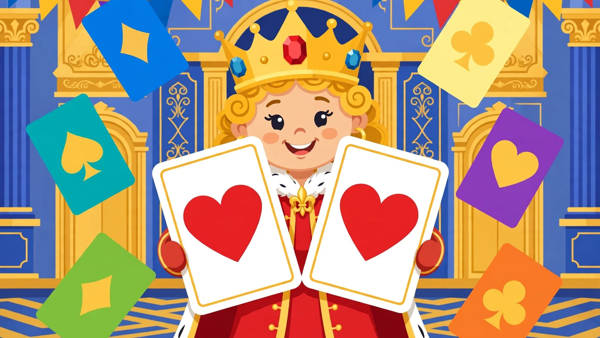 A smiling blonde queen in a golden crown and red royal robe holding two white cards with red hearts, surrounded by colorful playing cards with heart, spade, club, and diamond symbols in a blue and gold palace ballroom