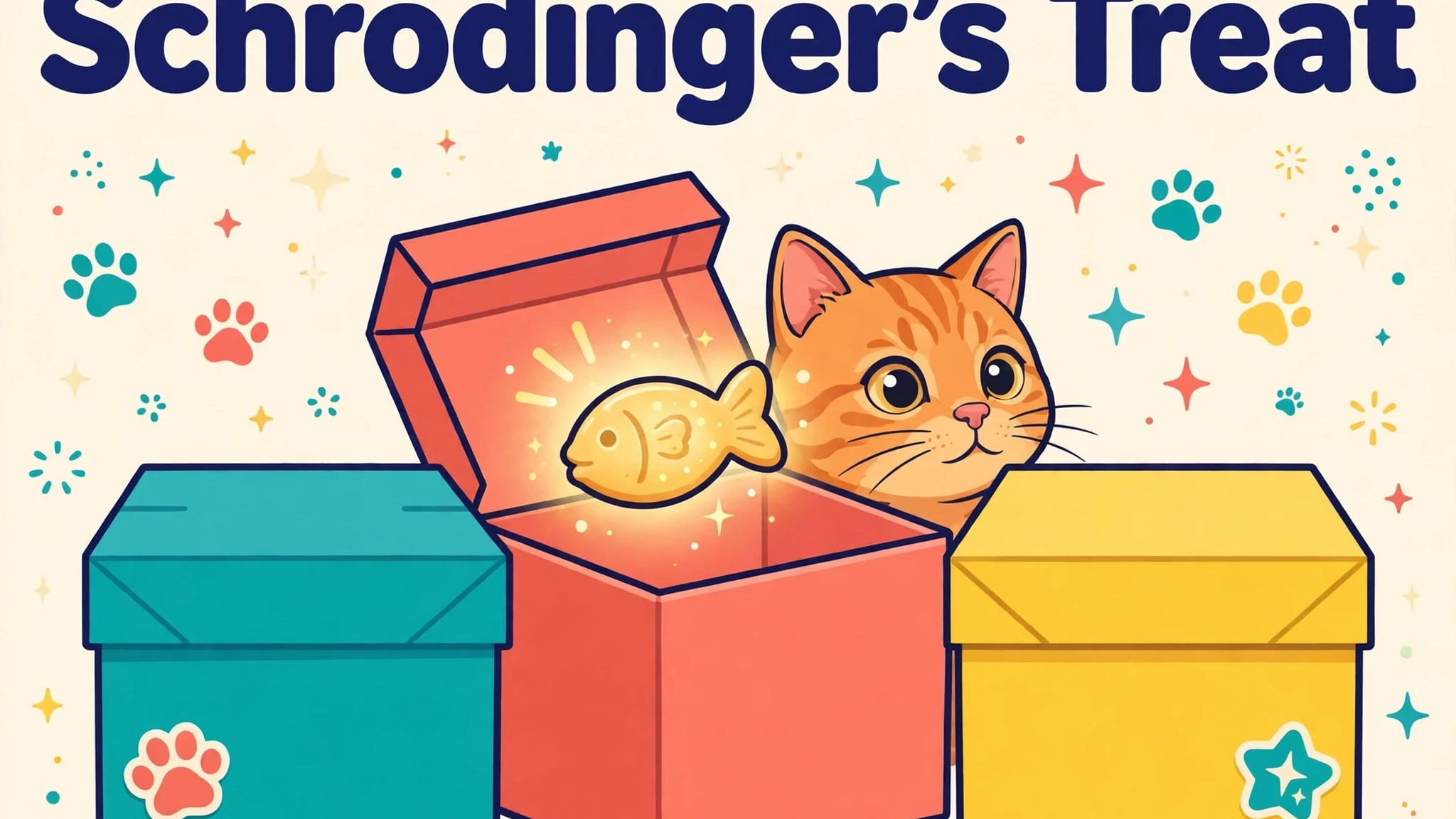 An orange tabby cat peeks from behind three boxes in teal, coral and yellow while a golden fish-shaped treat glows inside the open coral box, under the dark navy title Schrödinger's Treat on a cream background scattered with paw prints and sparkles.