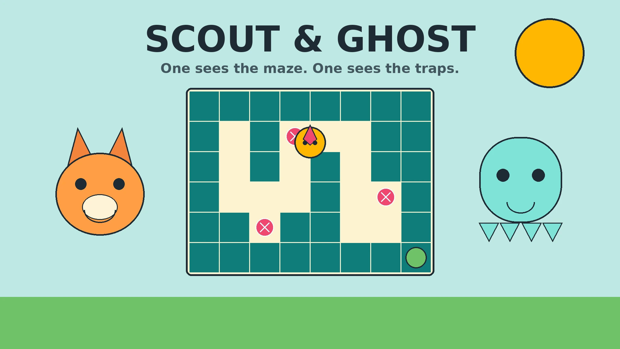 Bold title SCOUT and GHOST over a teal and cream maze with red X trap markers, a yellow lantern sprite in the middle, an orange fox on the left, a teal ghost on the right, a yellow sun, and a green grass strip on a pale blue background