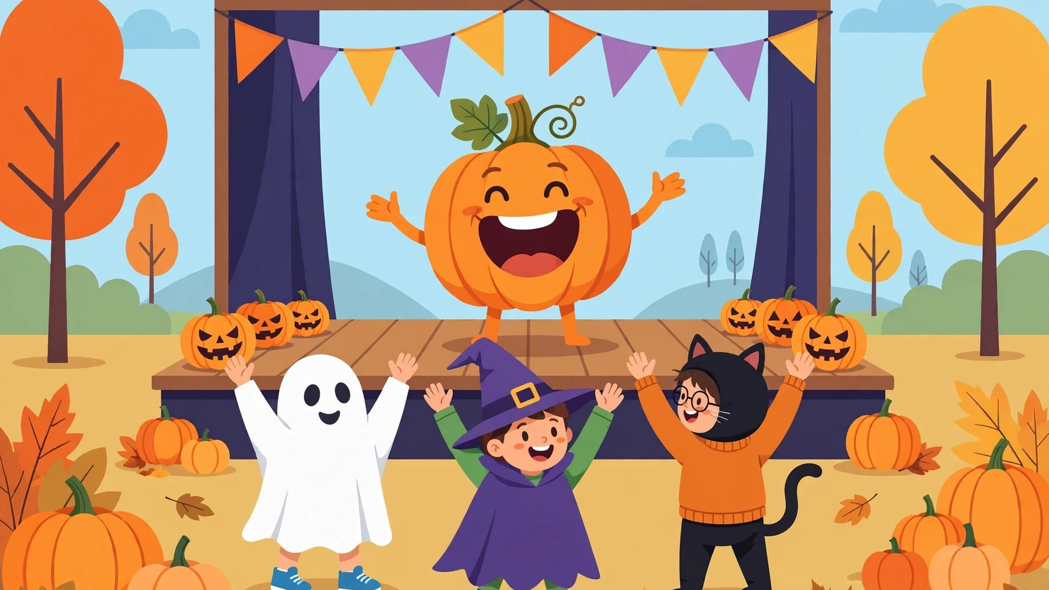 Flat vector cover art: a laughing pumpkin character on an outdoor stage with bunting, cheered on by three costumed children in ghost, witch, and cat costumes among autumn pumpkins
