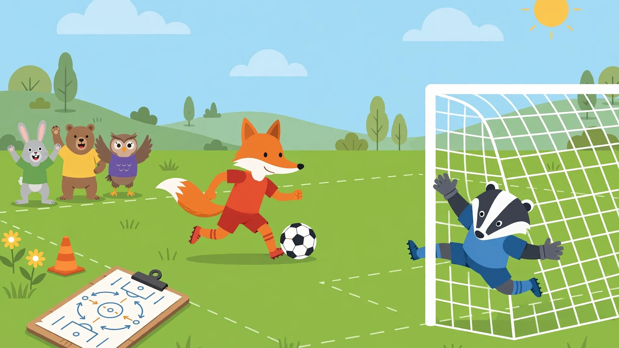 Flat vector scene of an orange fox in a red jersey dribbling a soccer ball toward a goal while a badger goalkeeper in blue dives to save it, with a tactics clipboard showing arrows in the foreground and a rabbit, bear, and owl cheering on the sideline under a bright sun