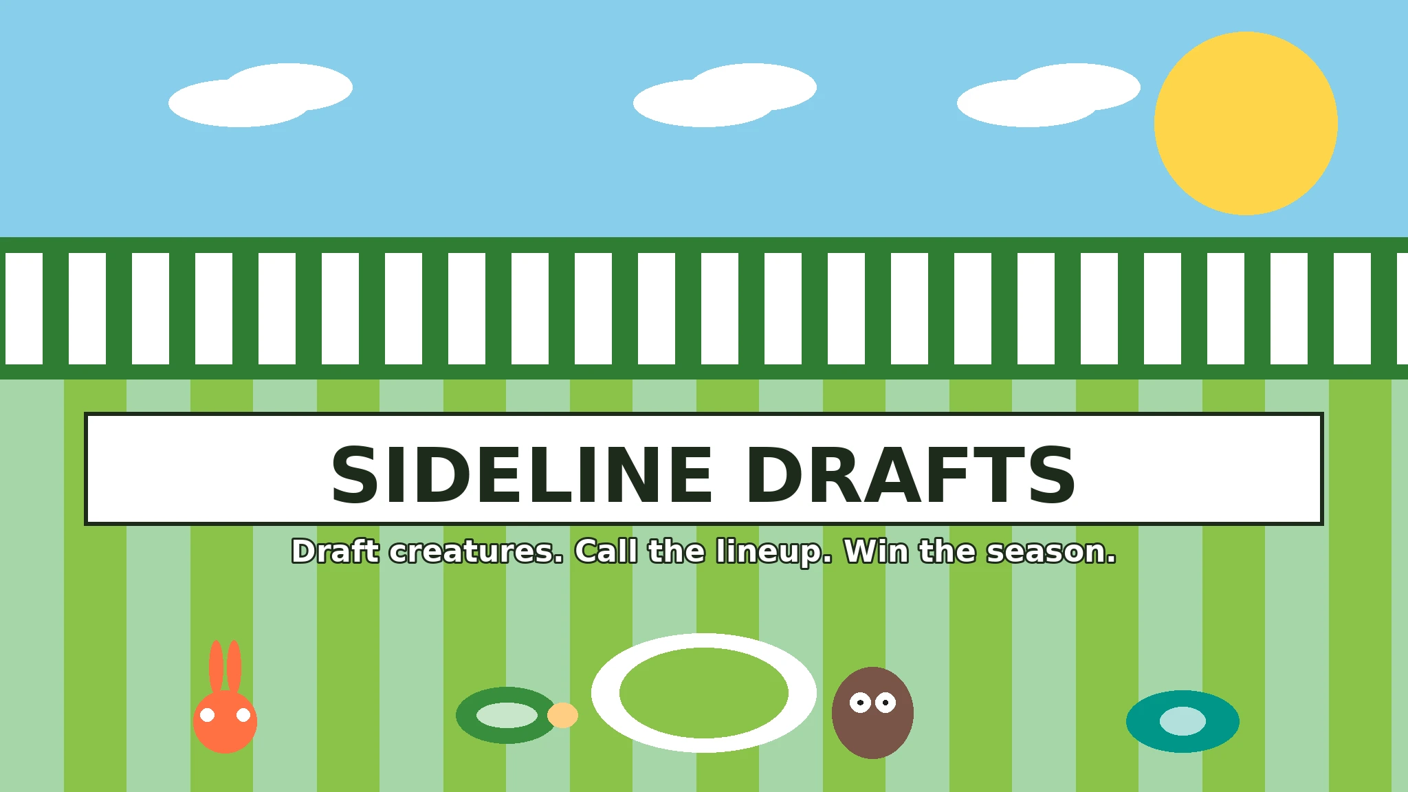 A bright flat-vector stadium scene: an orange hare, a green tortoise, a brown owl, and a teal otter stand on a striped green field under a sunny sky, beneath a white title banner reading Sideline Drafts.