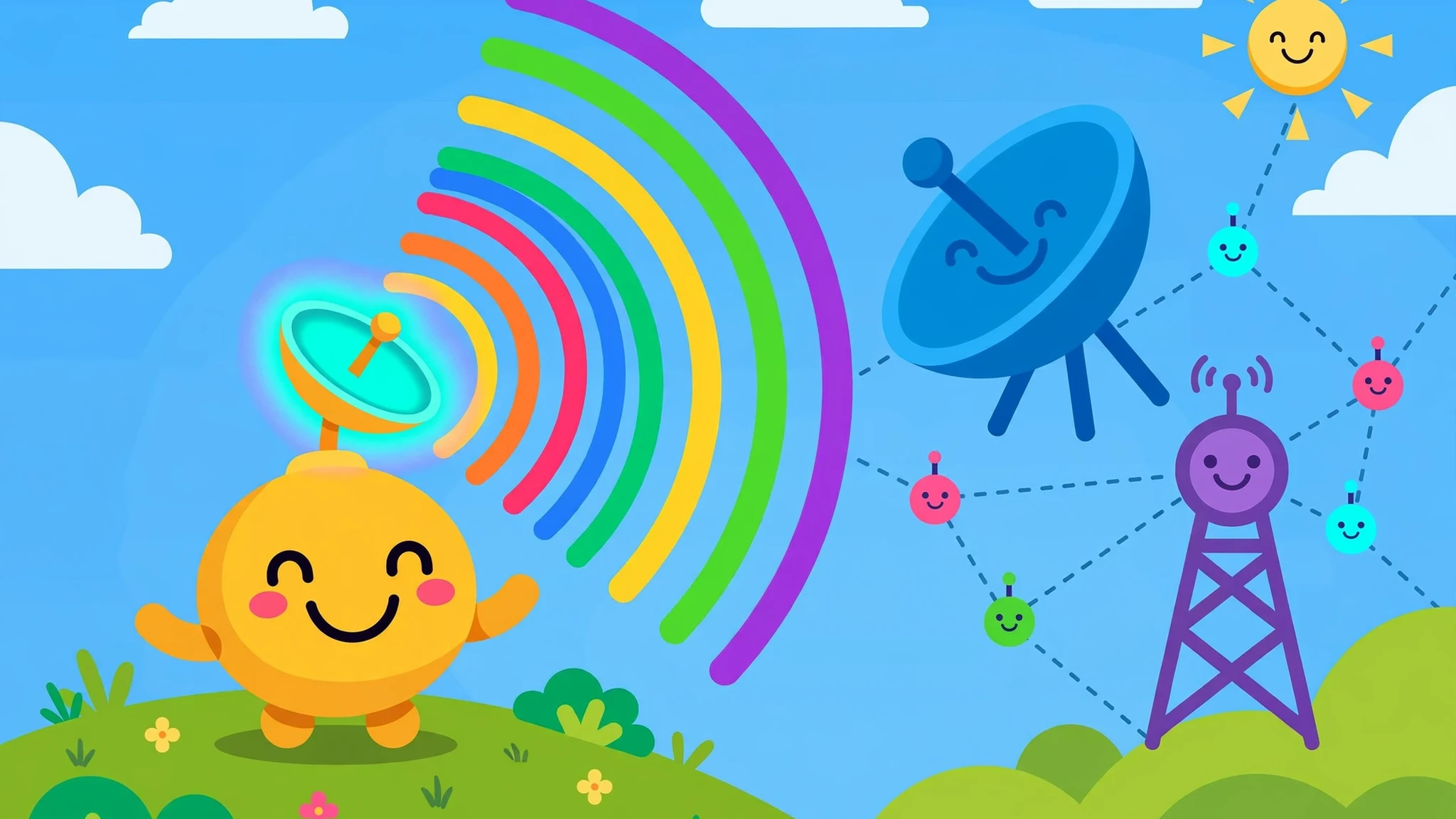 Cheerful yellow round antenna robot mascot on a green hill sending rainbow signal rings toward a large blue satellite dish and a purple radio tower network under a bright blue sky with a smiling sun and white clouds.