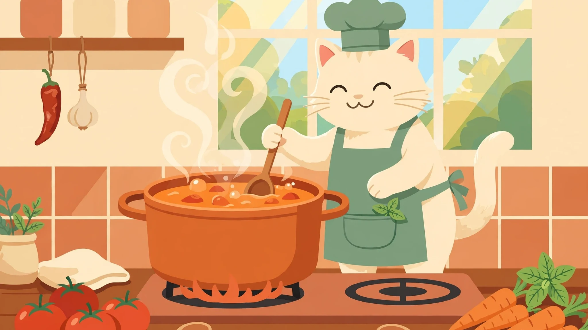 A smiling cream cat chef in a sage green chef hat and apron stirring a big orange soup pot on a stove, with tomatoes, carrots, basil leaves, a hanging red chili and garlic in a sunny kitchen