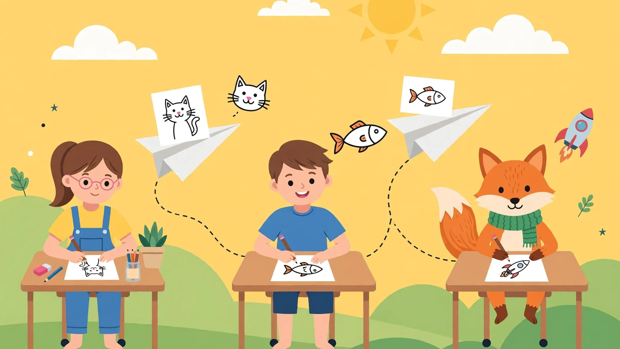 Flat vector illustration of a girl, a boy and a fox passing drawings along on paper planes, with cat, fish and rocket doodles floating between them under a sunny sky