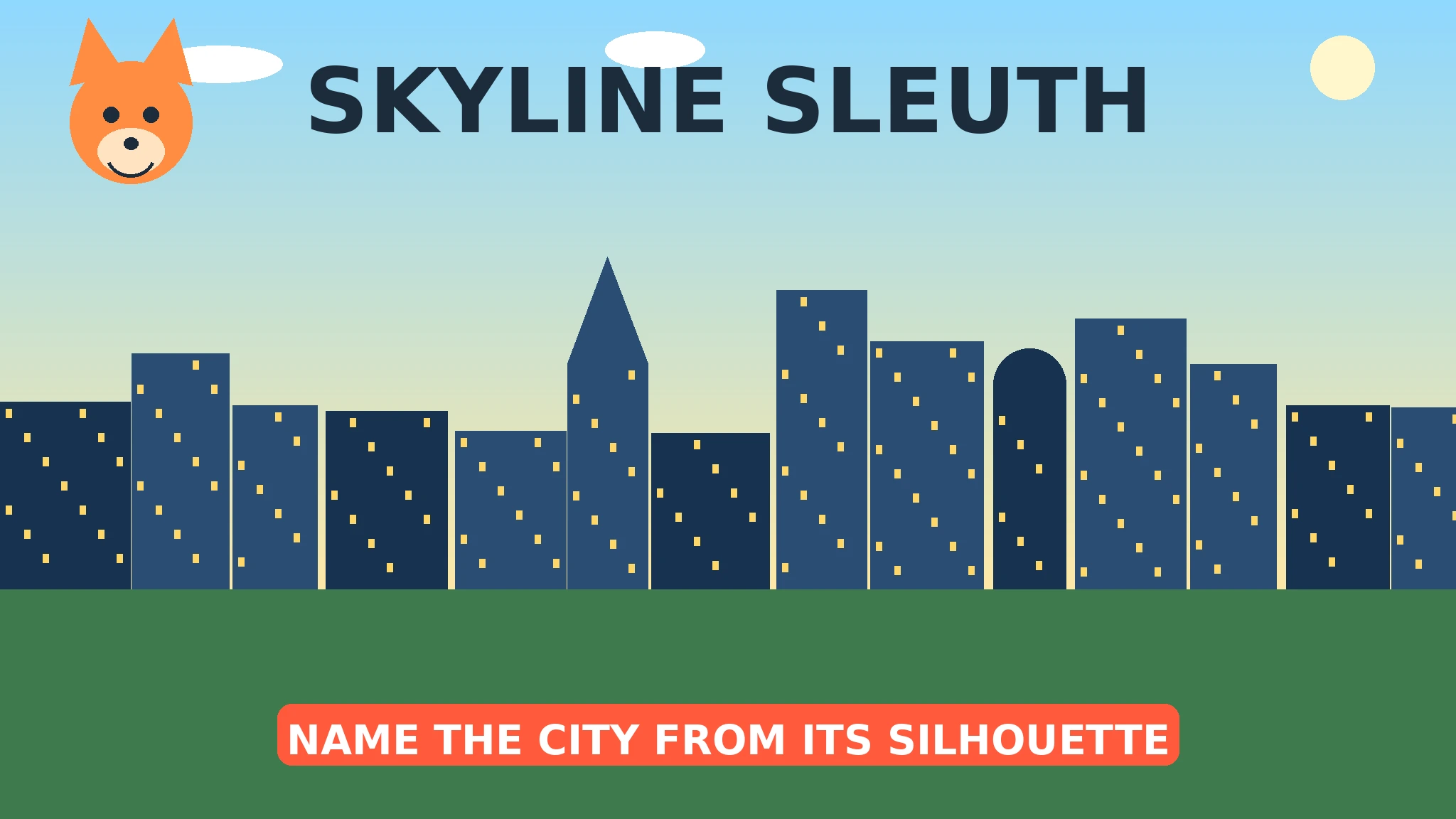 Flat-vector cover art: an orange fox mascot at the top left beside the title SKYLINE SLEUTH, under a blue-to-yellow sky with a pale sun and white clouds, above a dark blue skyline of towers with lit yellow windows including one spire tower and one domed tower, over a green foreground with a red banner reading NAME THE CITY FROM ITS SILHOUETTE.