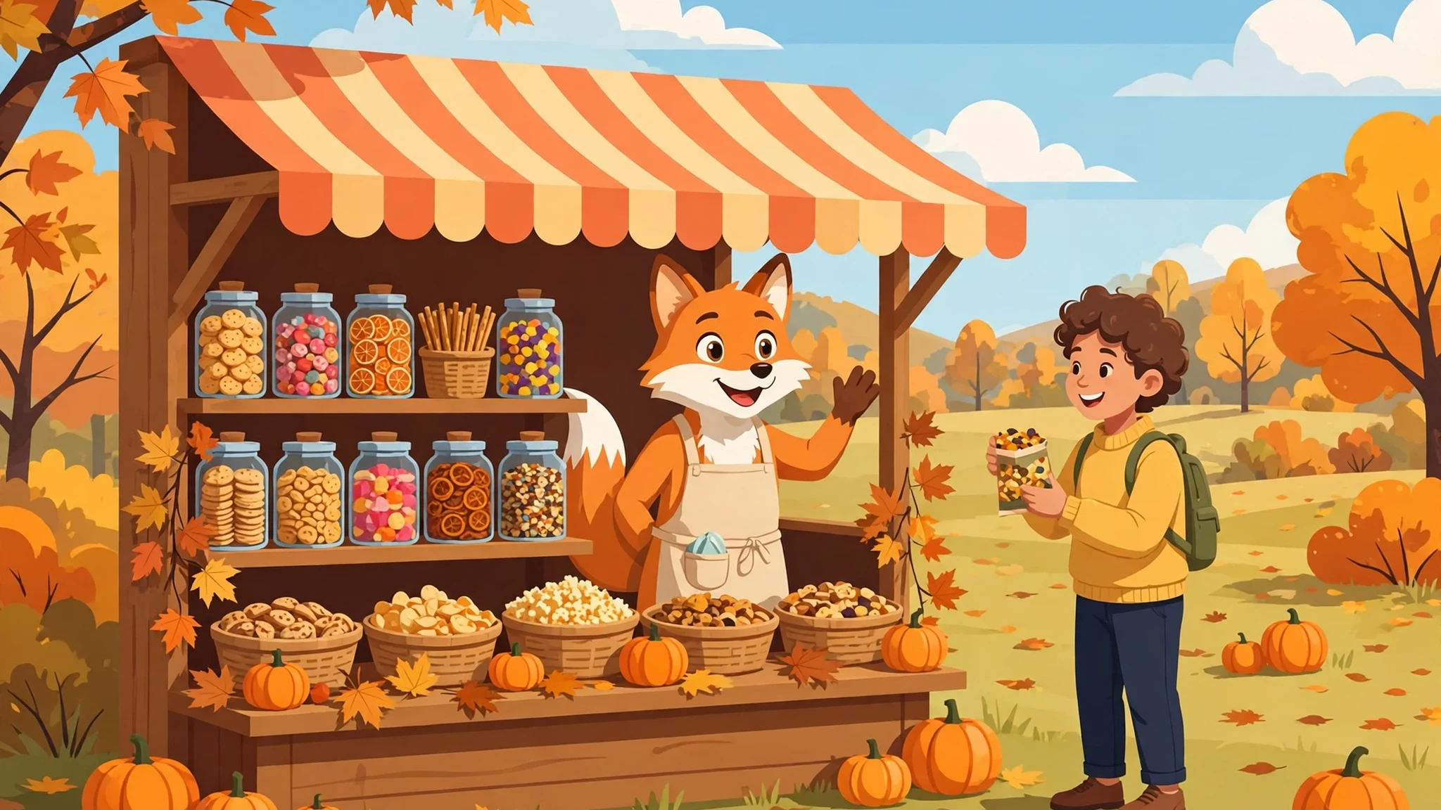 Flat vector art of a fox shopkeeper in an apron waving at a customer holding a snack bag, in front of a wooden snack stall with striped awning, jars of colorful snacks, baskets of treats, pumpkins and autumn leaves.