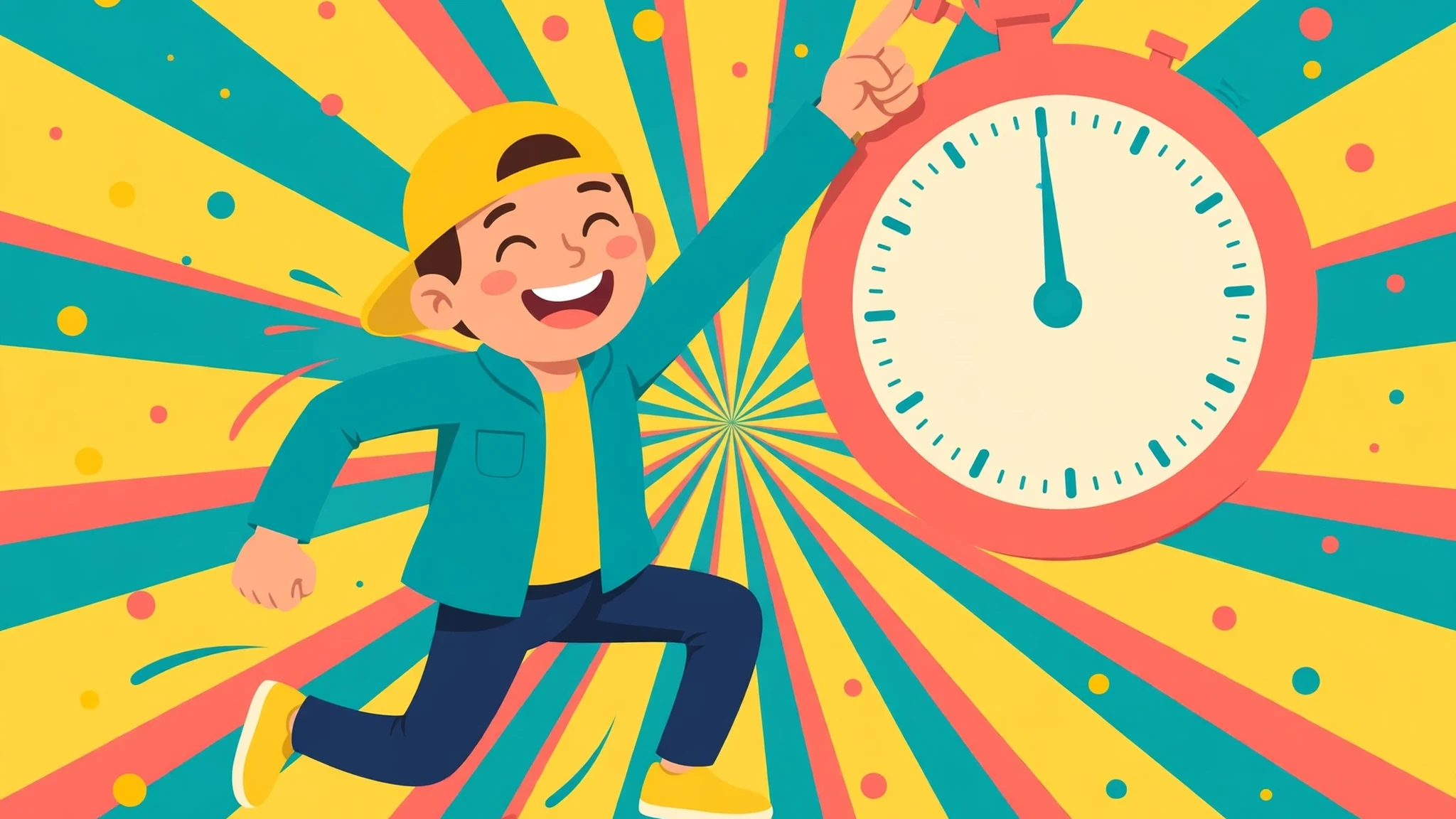 Flat vector illustration of a cheerful timekeeper in a yellow cap and teal jacket pressing a giant round stopwatch, with confetti dots and a sunny yellow, teal and coral sunburst background