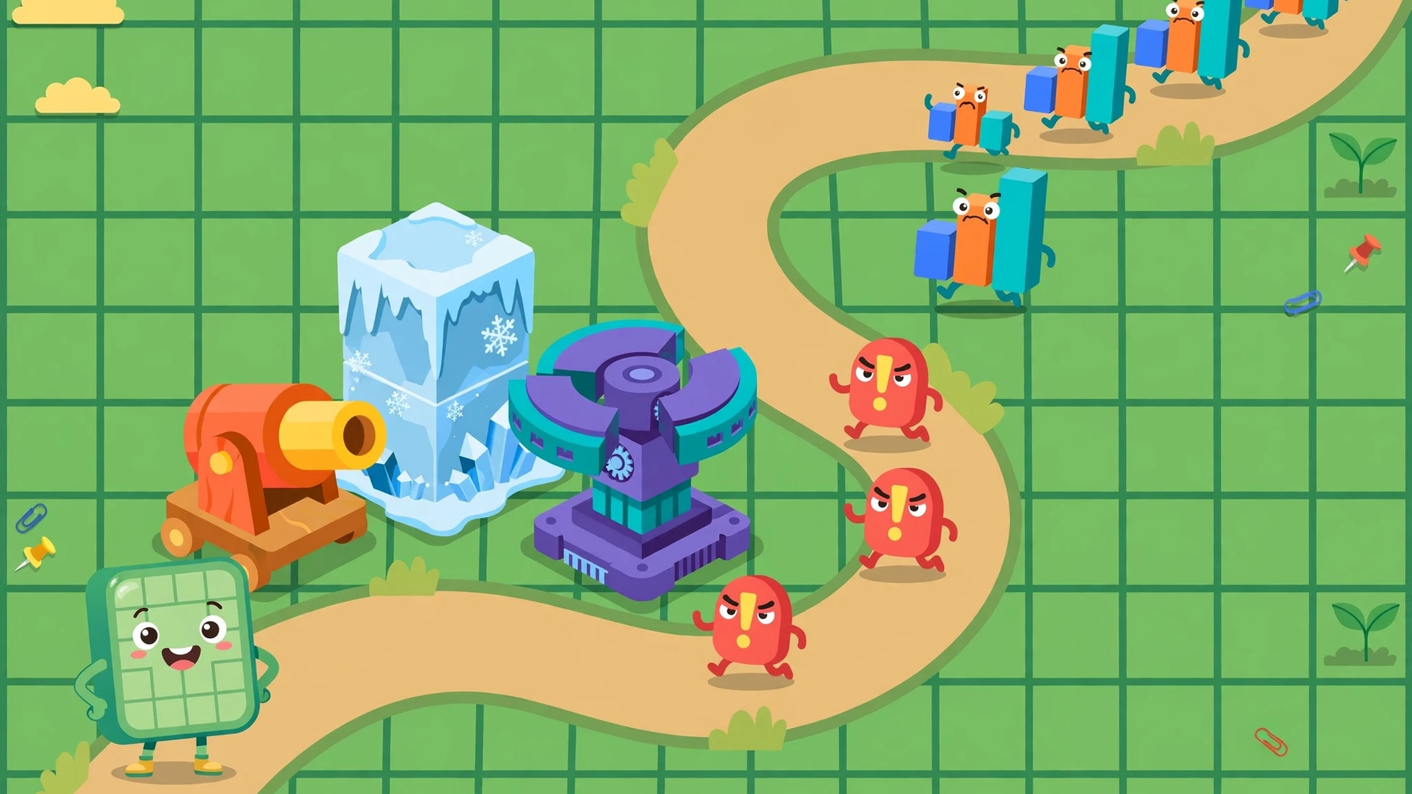 Bright flat-vector cover: a grinning green spreadsheet-cell mascot beside a cannon, an ice-block Freeze Pane tower and a purple pivot tower on a green spreadsheet grid, while red error blobs and orange chart bars march along a winding path.