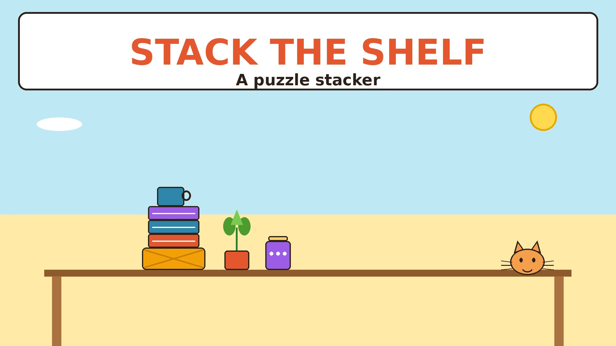 Flat vector cover: bold red title STACK THE SHELF over a bright blue sky and yellow sun, a wooden shelf holding a yellow crate, three books in red, blue and purple, a blue mug, a potted green plant, a purple jar, and Pip the smiling orange cat sitting on the shelf