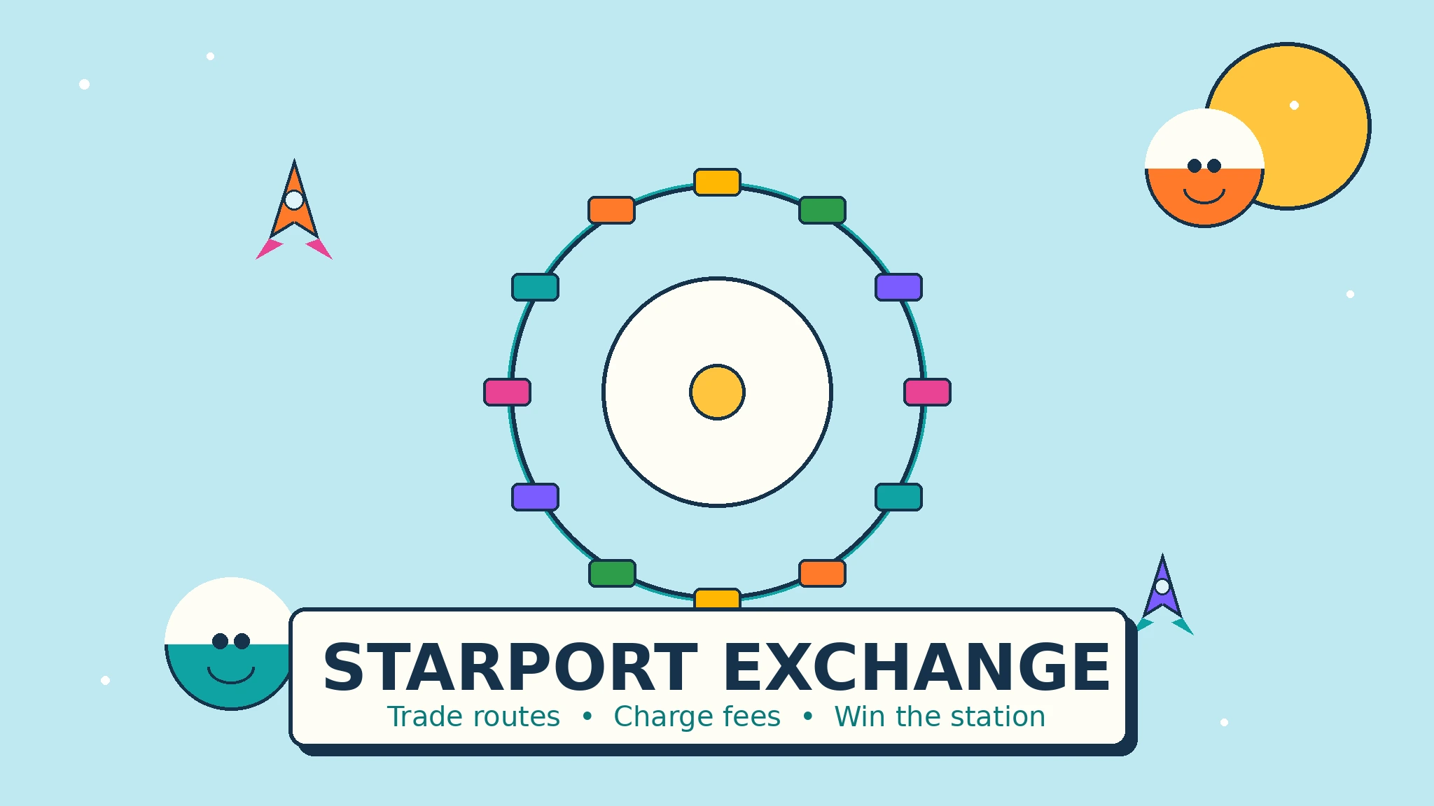 Circular space-station board with colourful trade-route tiles, rockets, and smiling captains