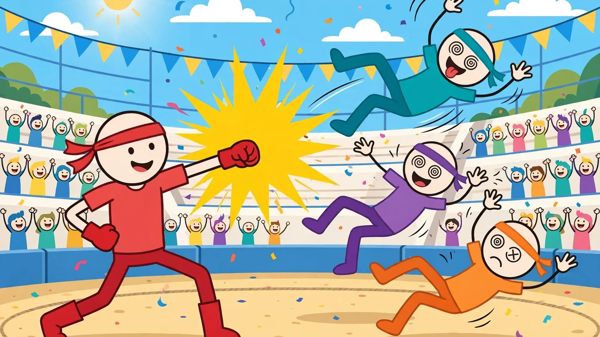 A grinning stick fighter in a red headband and red gloves lands a huge yellow-impact punch in a sunny arena, sending teal, purple and orange stick rivals tumbling with dizzy spiral eyes as a crowd cheers under bunting and confetti
