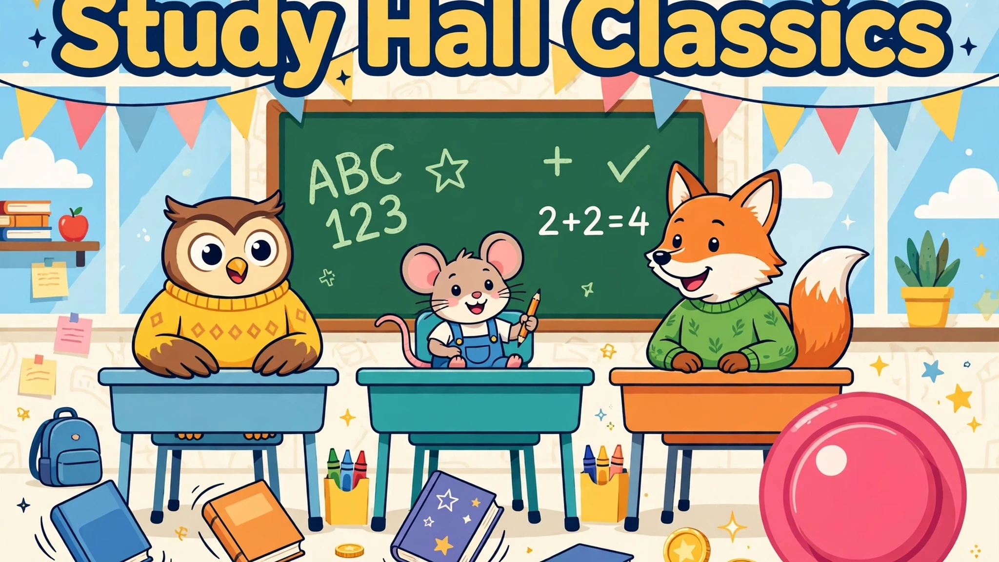 A cheerful owl in a yellow sweater, a mouse in blue overalls, and a fox in a green sweater at school desks in a sunny classroom, with a green chalkboard showing ABC and 123, books, gold coins, and a giant pink game button under the bold title Study Hall Classics