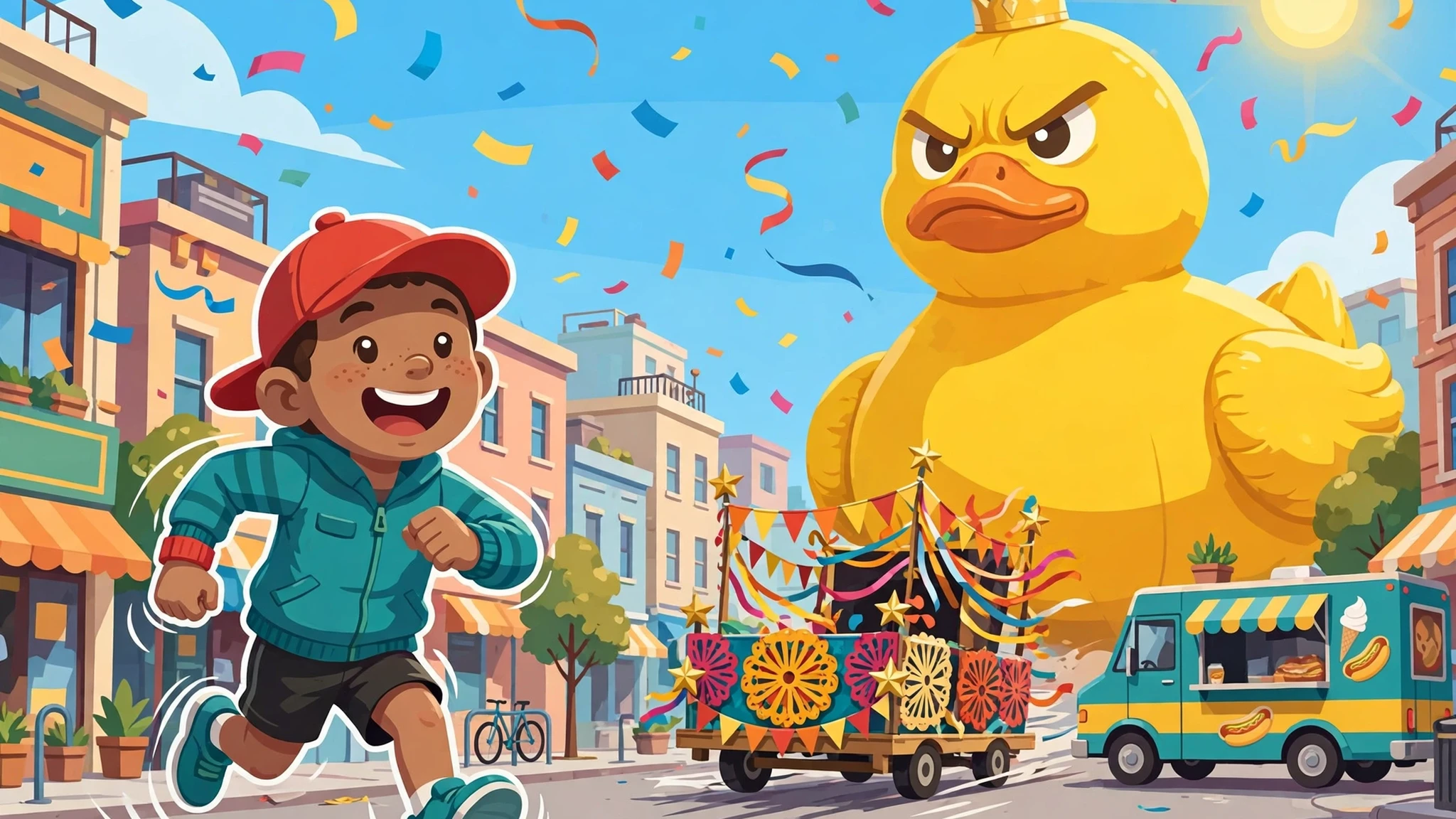 A grinning kid runner in a red cap and teal jacket sprints down a sunny street while a giant yellow inflatable duck boss looms behind him, with a decorated parade float and a teal food truck chasing in the background under falling confetti and a bright sun
