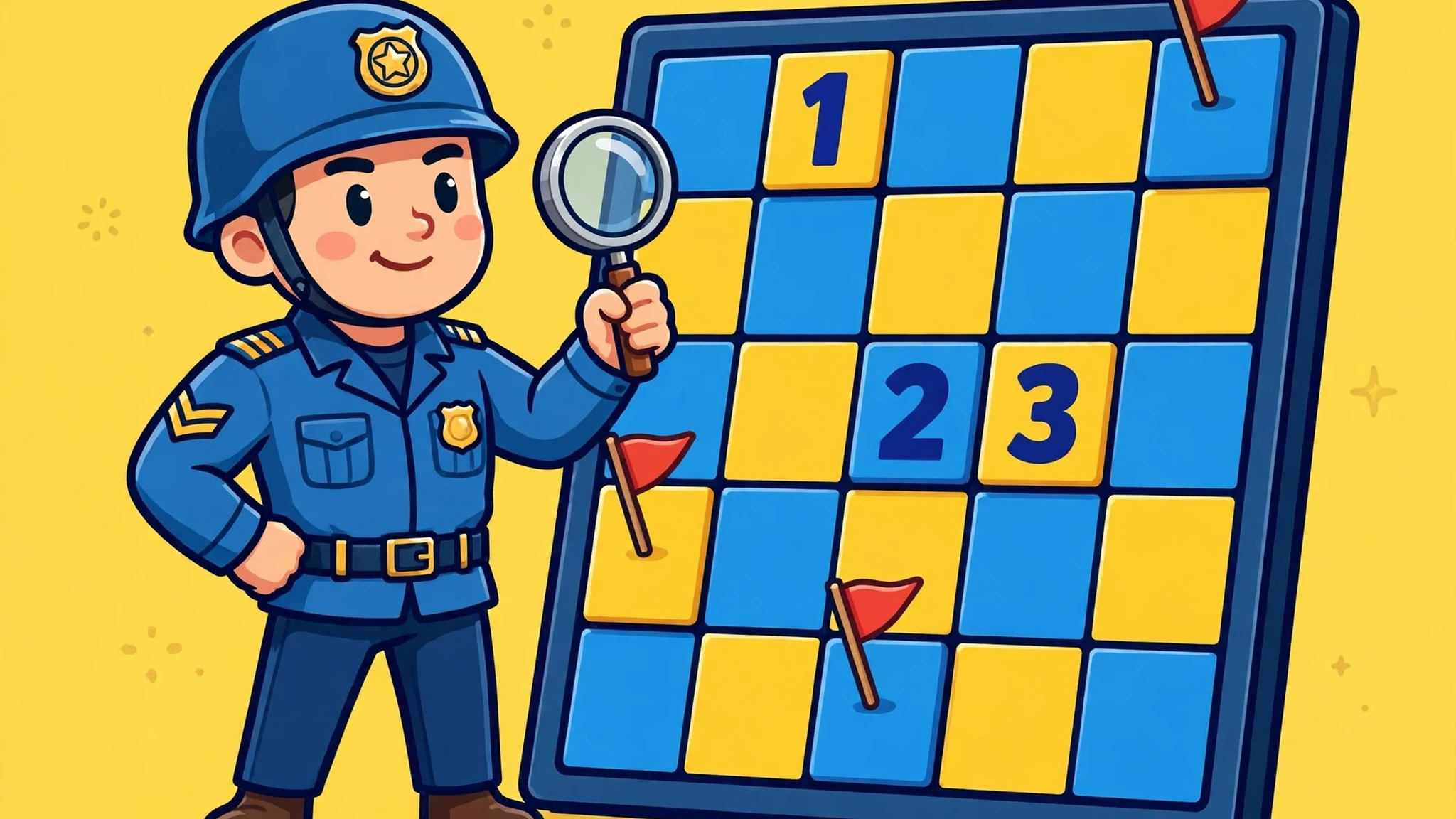Smiling cartoon sergeant in a blue helmet holding a magnifying glass beside a tall blue and yellow grid board with numbered tiles 1, 2 and 3 and small red flag markers, on a sunny yellow background