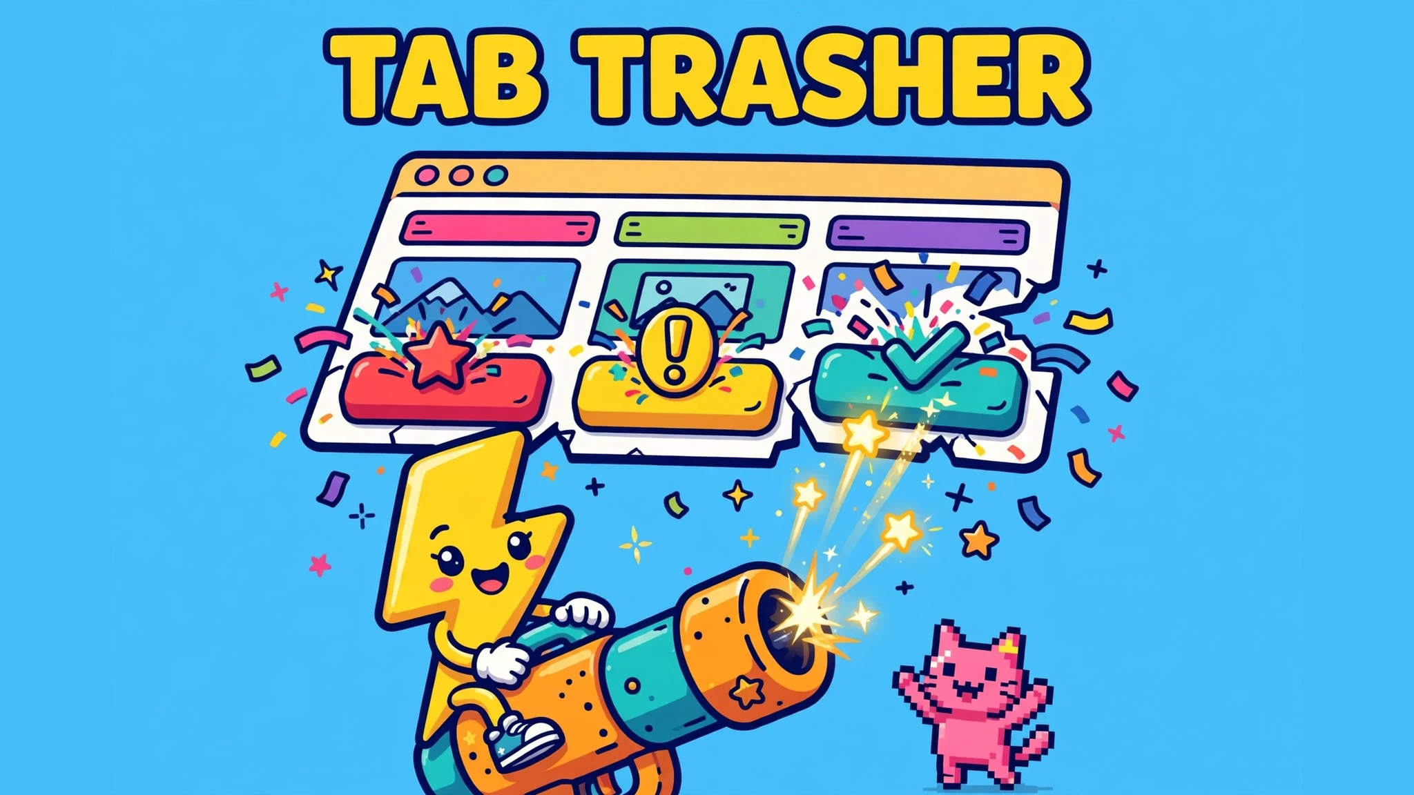 A smiling yellow lightning-bolt character riding a big orange and teal cannon, firing glowing star bullets at a cartoon fake browser window bursting into confetti, with a small pink pixel cat cheering beside it, under bold yellow TAB TRASHER lettering on a bright blue background