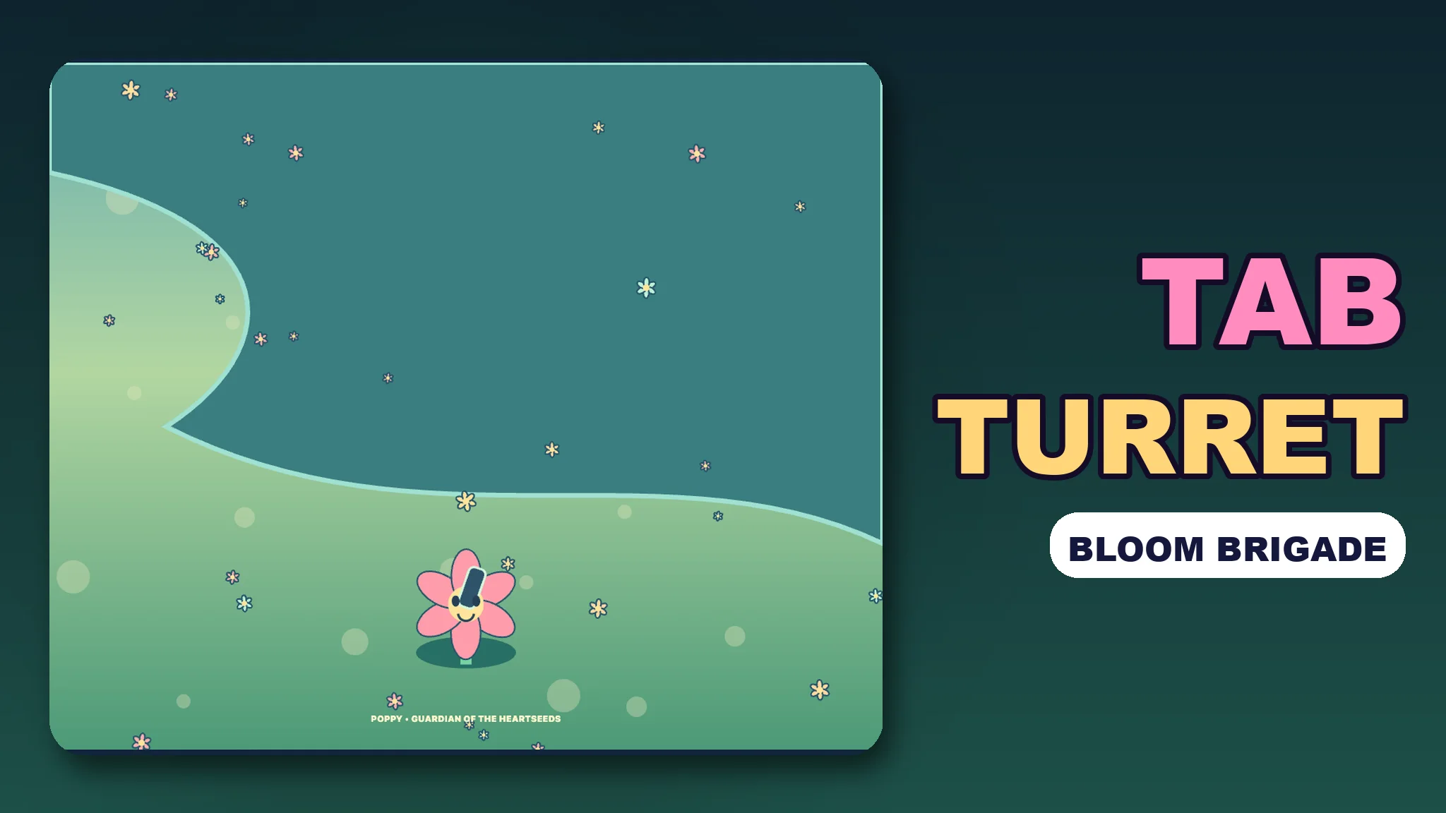Tab Turret, Bloom Brigade: Poppy the flower turret firing petals at beetles in a moonlit garden
