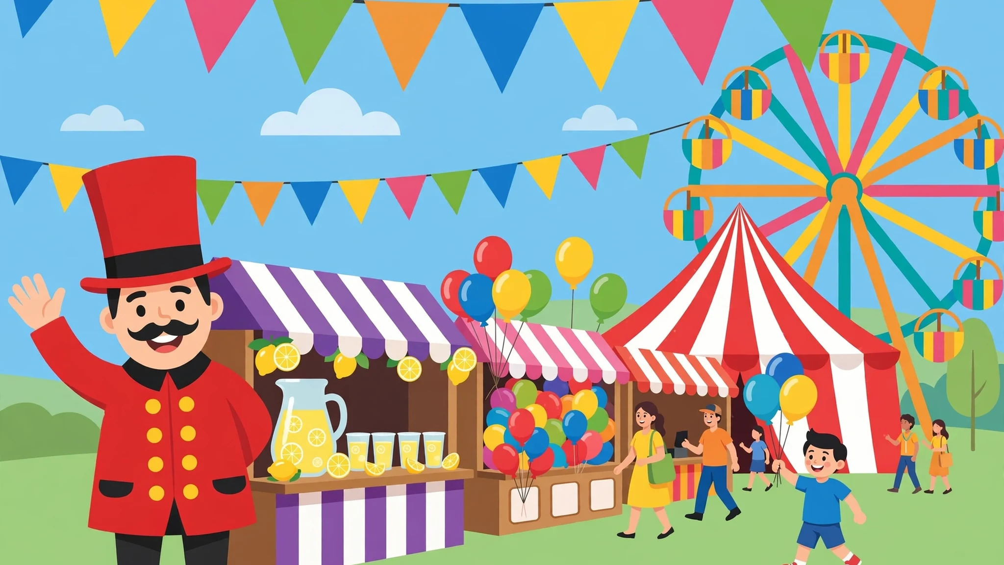 Bright flat-vector fairground cover: a smiling ringmaster in a red coat and tall red top hat waves beside a lemonade stall and a balloon stall, with a red-and-white striped circus tent, a colourful ferris wheel, and strings of bunting flags under a blue sky