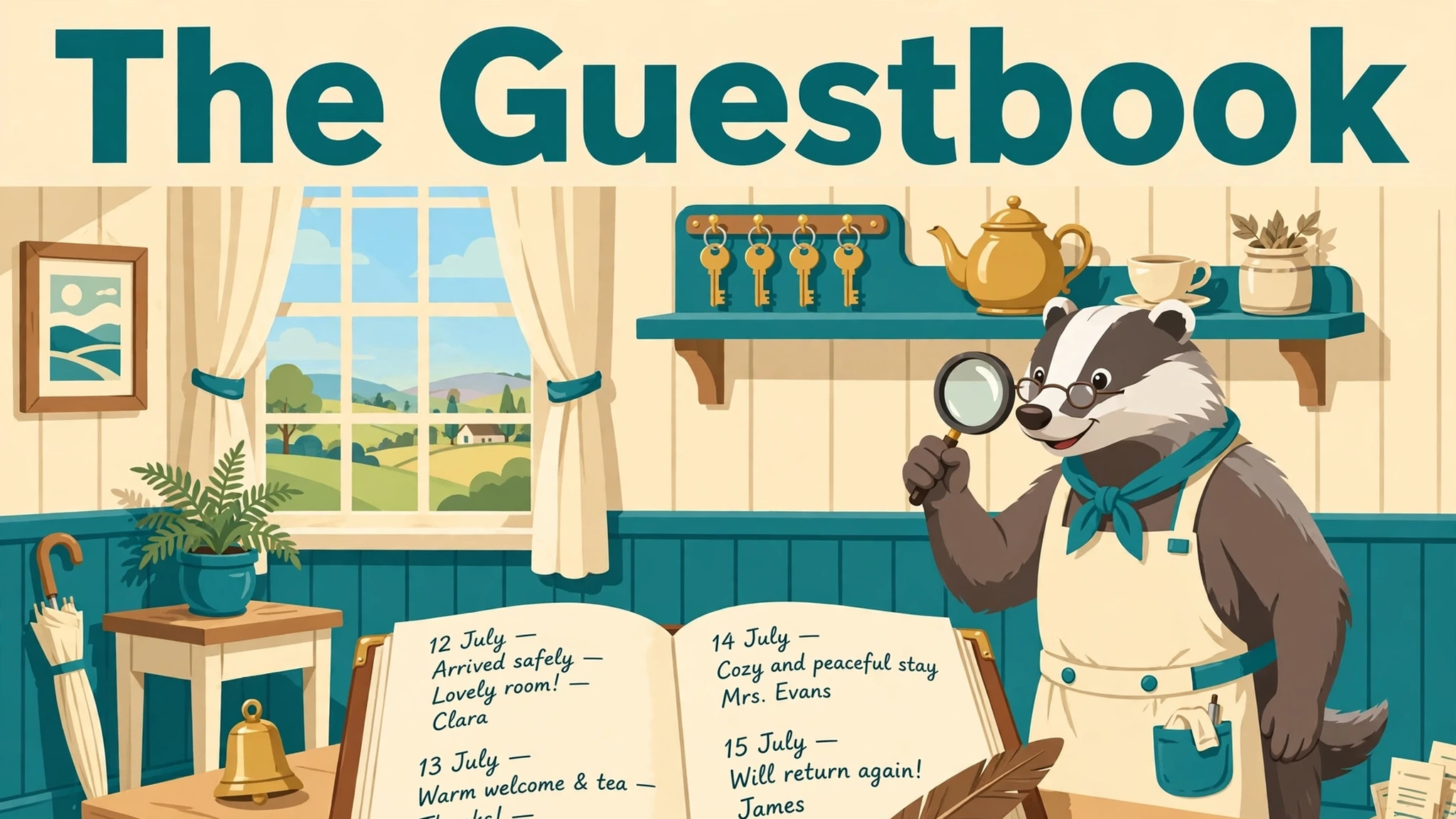 Mabel the badger innkeeper in a teal apron holding a magnifying glass beside a large open guestbook on a wooden desk, in a sunny inn lobby with a window, brass keys and a teapot, under the title The Guestbook