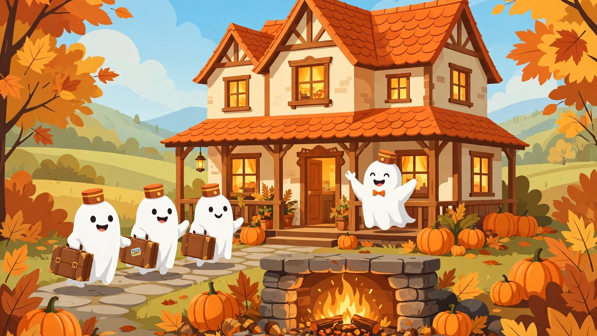 A cozy inn with an orange roof and glowing windows, friendly white ghost bellhops in small hats carrying suitcases, a waving ghost innkeeper with a bow tie on the porch, a stone fireplace with a bright fire in the foreground, and pumpkins and autumn leaves all around.
