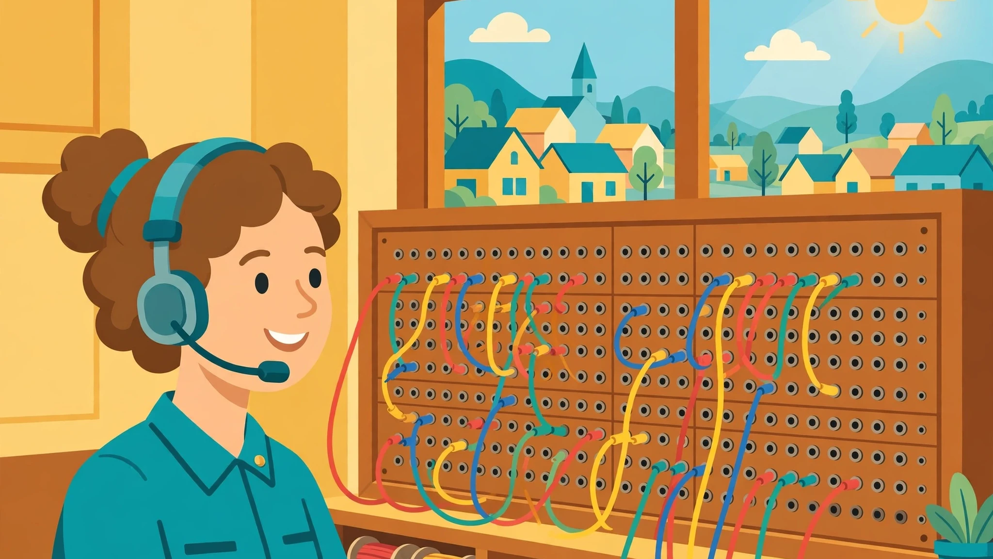 Flat-vector cover: a smiling cartoon operator with a teal headset at a wooden switchboard full of colorful patch cords, with a sunny small town visible through the window behind her