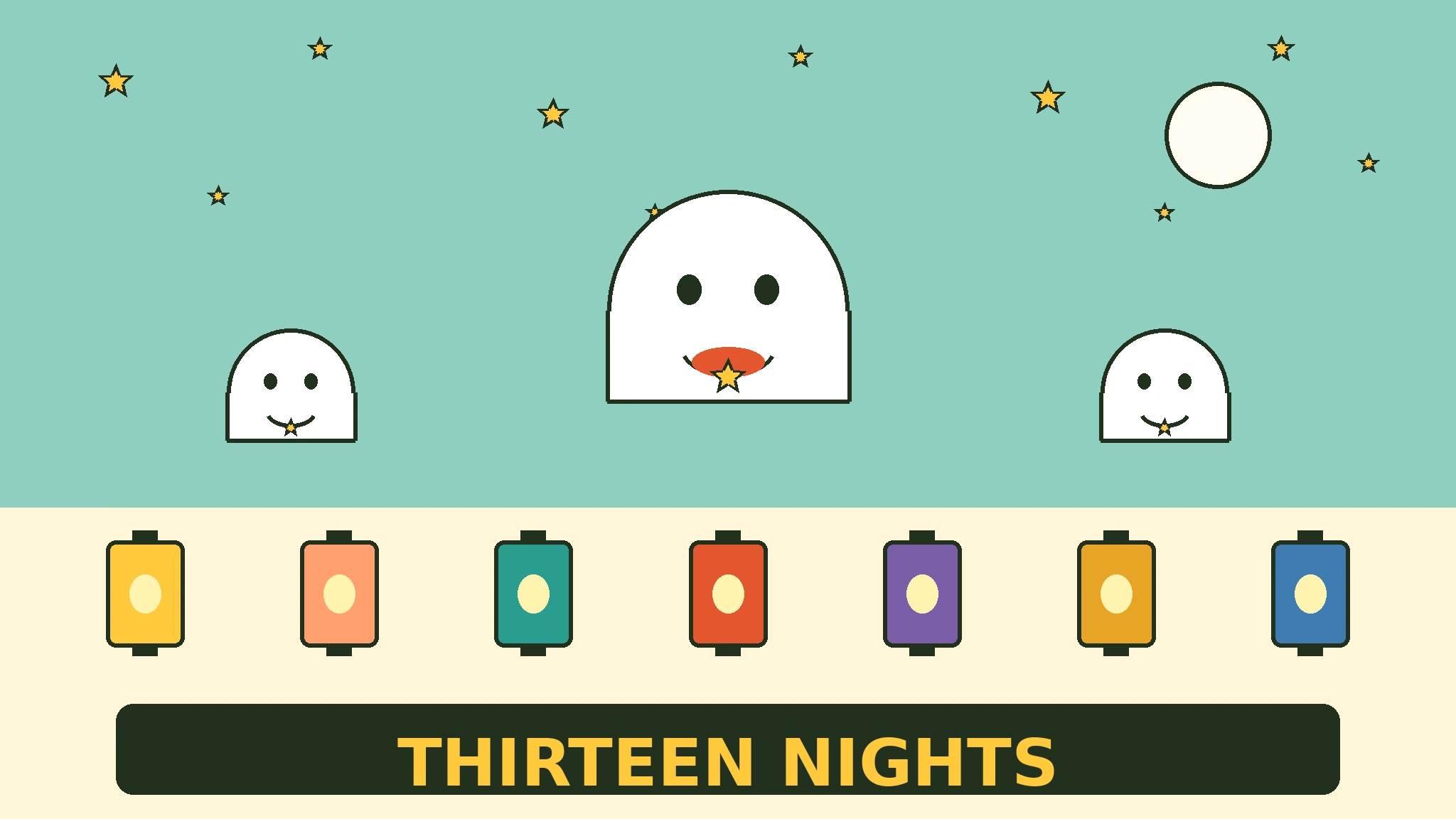Pip, a smiling white ghost with a yellow star on its chest, floats between two smaller ghosts under a teal sky with yellow stars and a full moon, above a row of seven glowing paper lanterns in yellow, peach, teal, red, purple and blue, with the title Thirteen Nights on a dark banner.