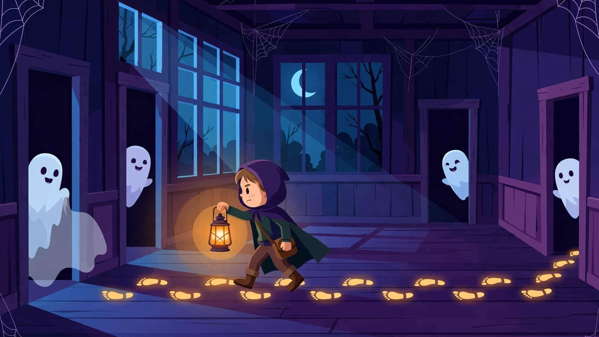 Flat vector night scene of a brave child with a glowing lantern walking through a dark old house hallway past friendly ghosts, following a trail of glowing footprints on the wooden floor.