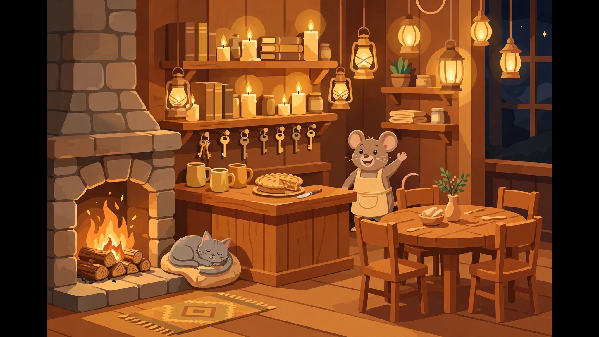 A cozy flat-vector tavern diorama at night: a smiling mouse innkeeper in a yellow apron waves beside a wooden bar holding mugs and a pie, shelves of candles, books and hanging brass keys, a stone fireplace with a crackling fire, and a grey cat asleep on a cushion