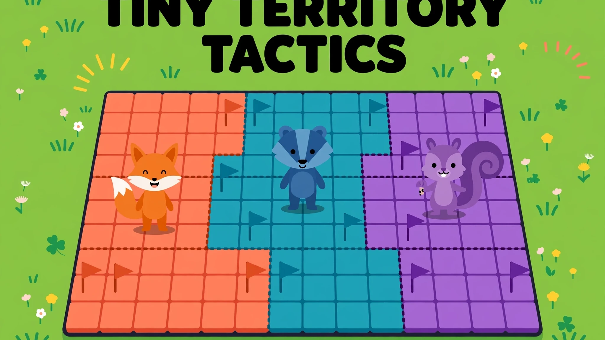 Bold black title TINY TERRITORY TACTICS over a green meadow, with a tiled board in coral orange, teal, and violet, an orange fox standing on the coral tiles at left, a blue badger on the teal tiles in the middle, and a purple squirrel on the violet tiles at right, with small flags planted on the tiles