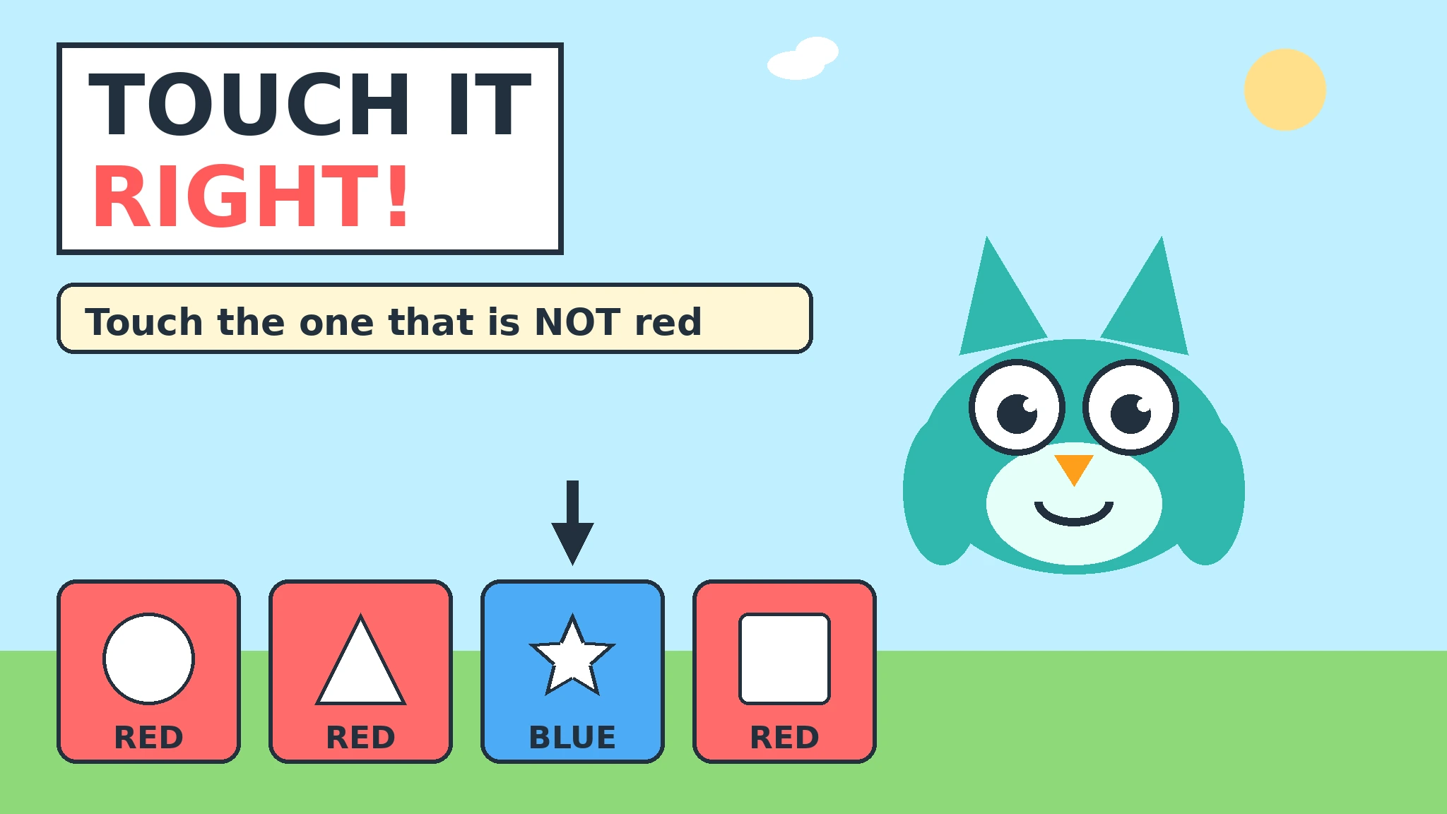 Flat vector cover art for Touch It Right: Wink, a cheerful teal owl, beside the title and four colored shape tiles, with an arrow pointing at the blue star tile that is not red, on a bright sky-blue and grass-green background