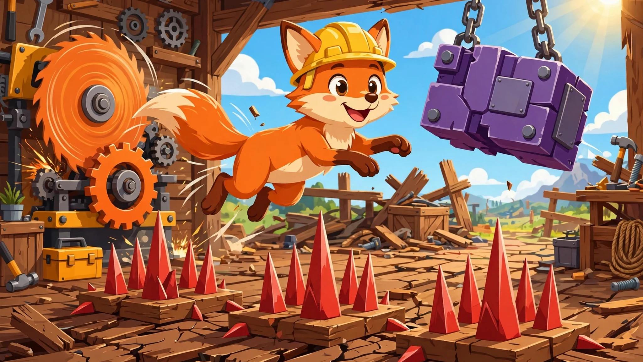 A cheerful orange fox in a yellow hard hat leaps over red spike traps in a sunny workshop, with a spinning orange saw blade behind him and a big purple crusher block hanging overhead.